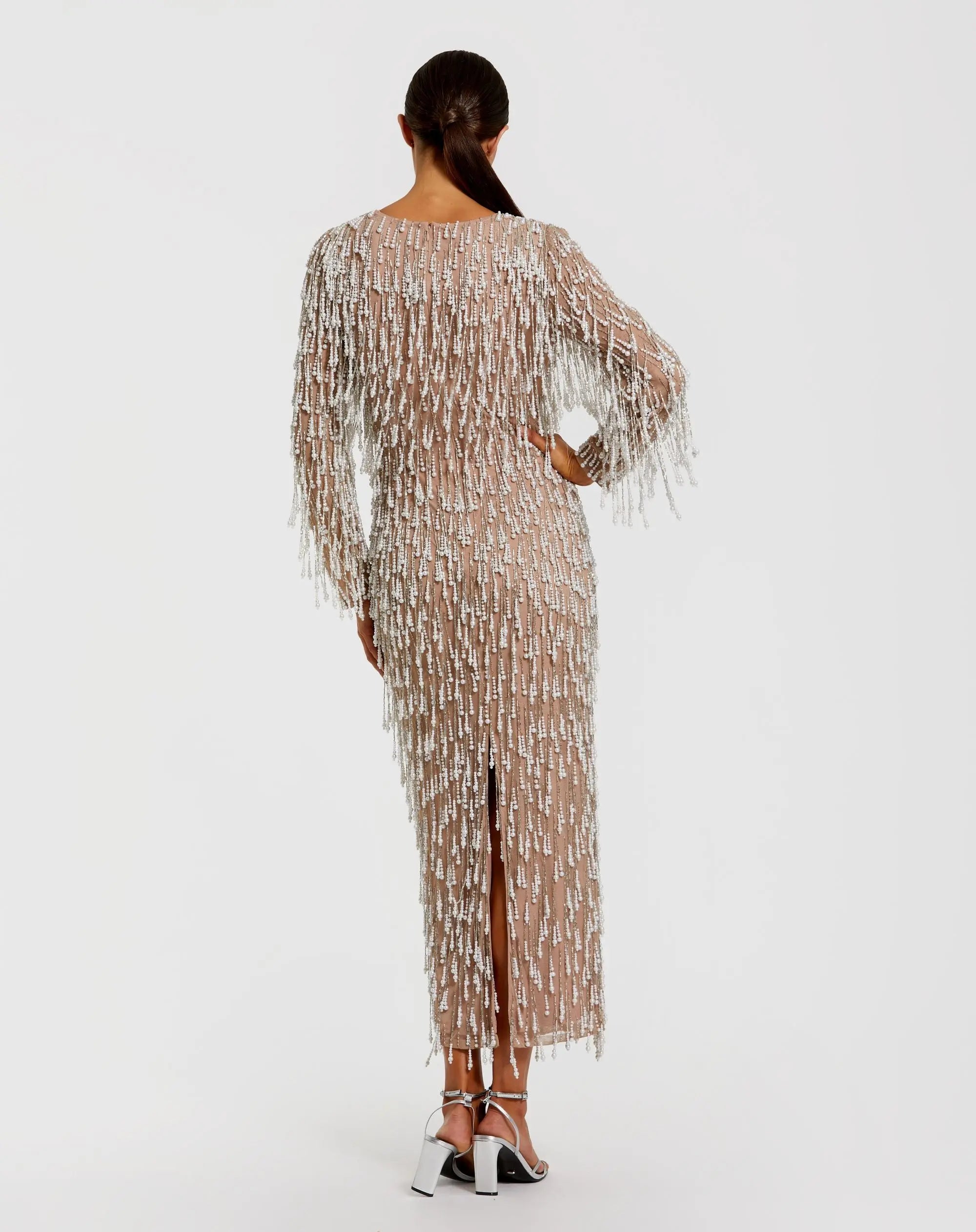 Beige Long Sleeve Midi Dress With Embellished Fringe