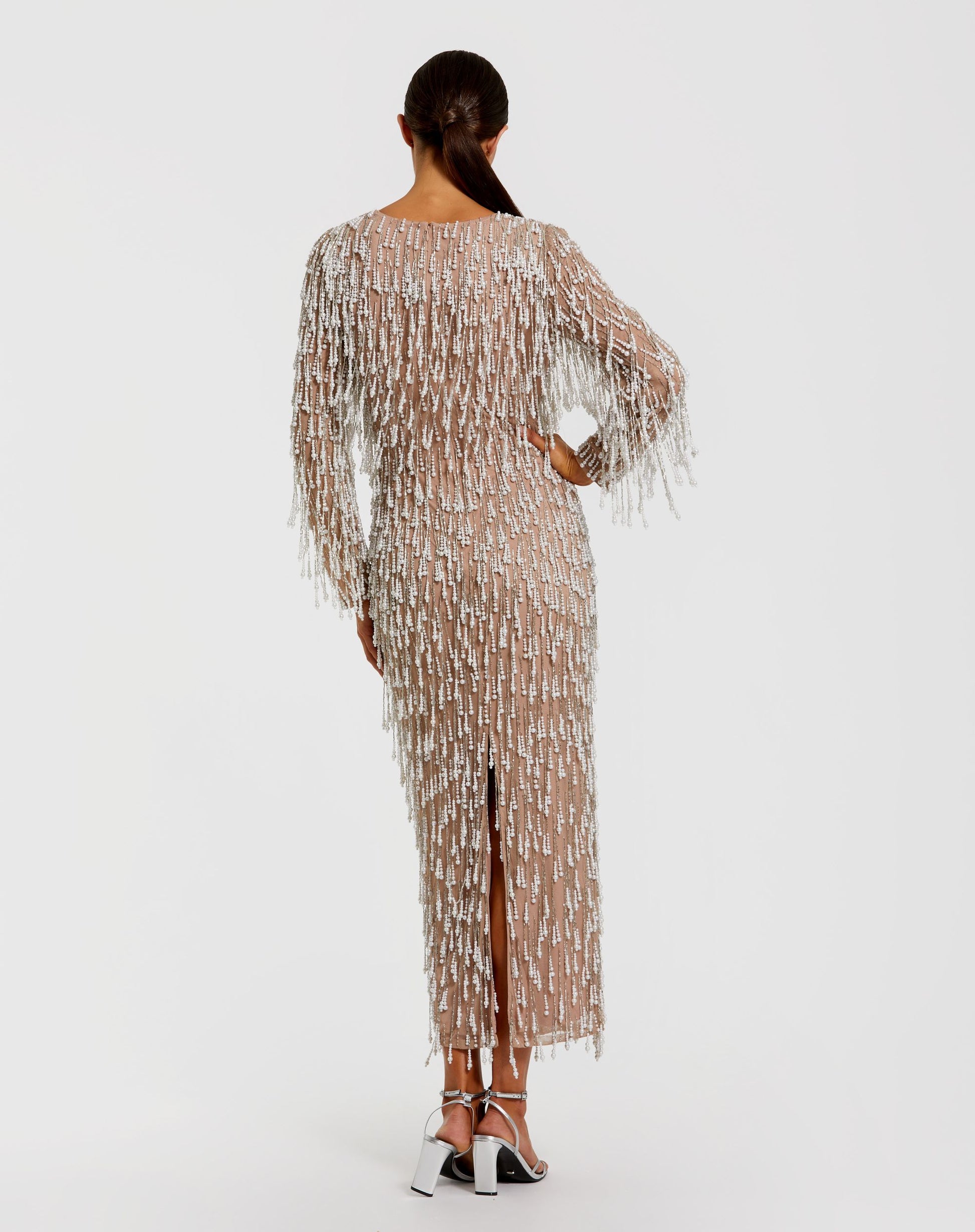 Beige Long Sleeve Midi Dress With Embellished Fringe Beige Long Sleeve Midi Dress With Embellished Fringe