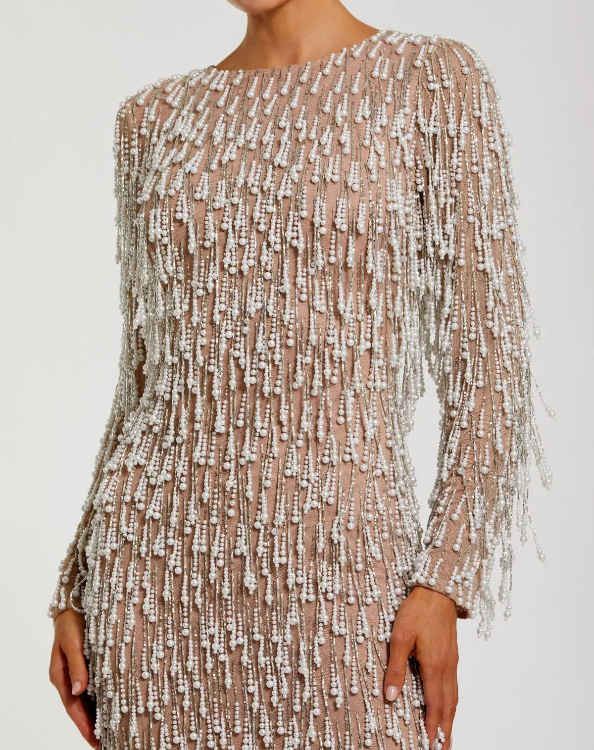 Beige Long Sleeve Midi Dress With Embellished Fringe