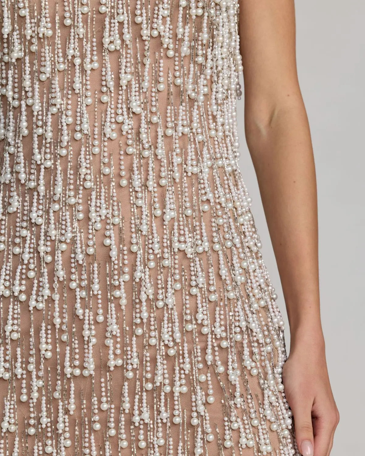 Beige Pearl Fringe Mini Dress Mac Duggal