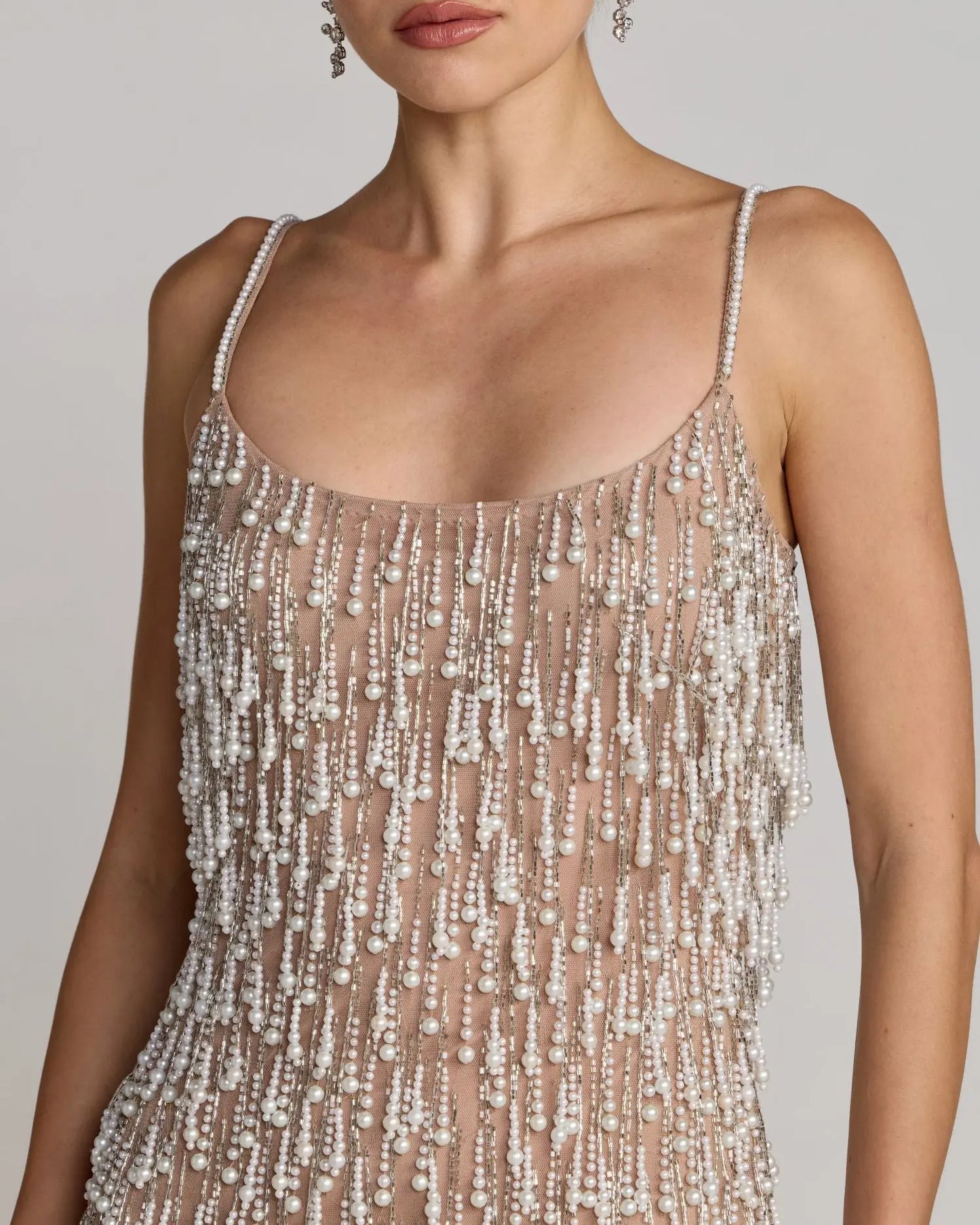 Beige Pearl Fringe Mini Dress Mac Duggal