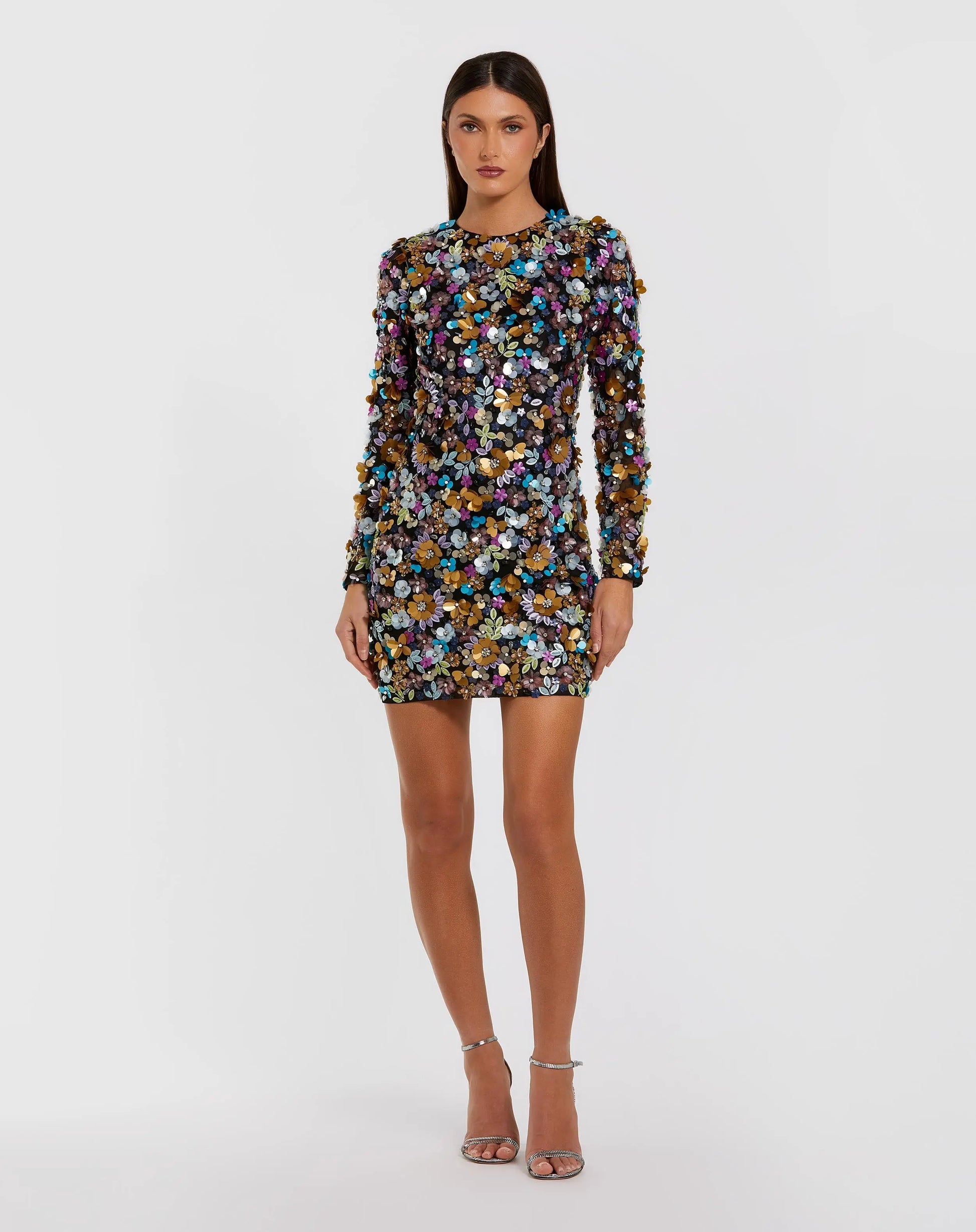 Black Long Sleeve Multicolor 3D Sequin Mini Dress | Mac Duggal Black Long Sleeve Multicolor 3D Sequin Mini Dress | Mac Duggal