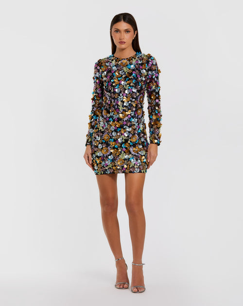 Black Long Sleeve Multicolor 3D Sequin Mini Dress - Mac Duggal