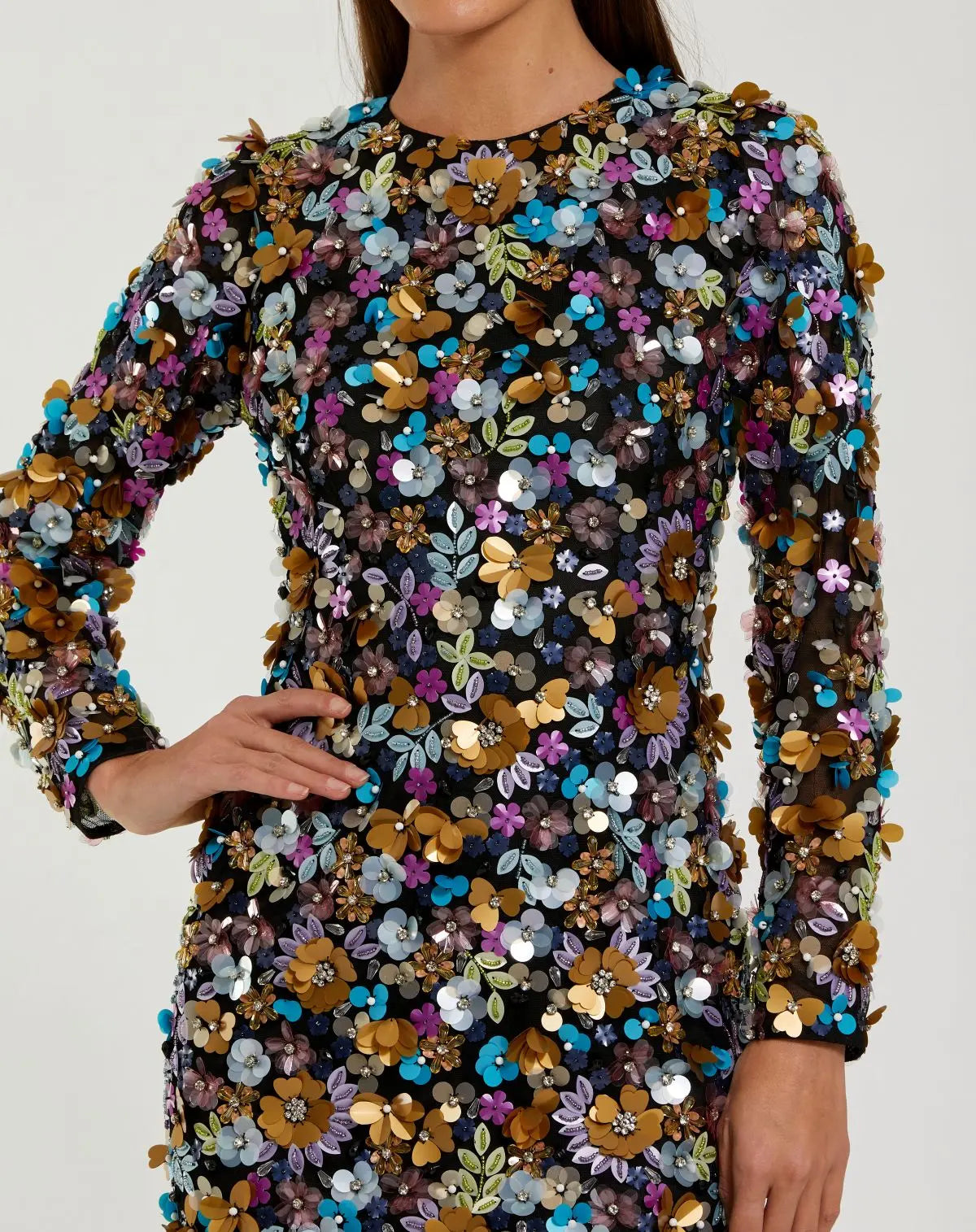 Black Long Sleeve Multicolor 3D Sequin Mini Dress - Mac Duggal