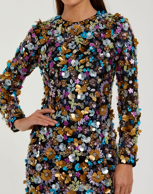 Black Long Sleeve Multicolor 3D Sequin Mini Dress - Mac Duggal