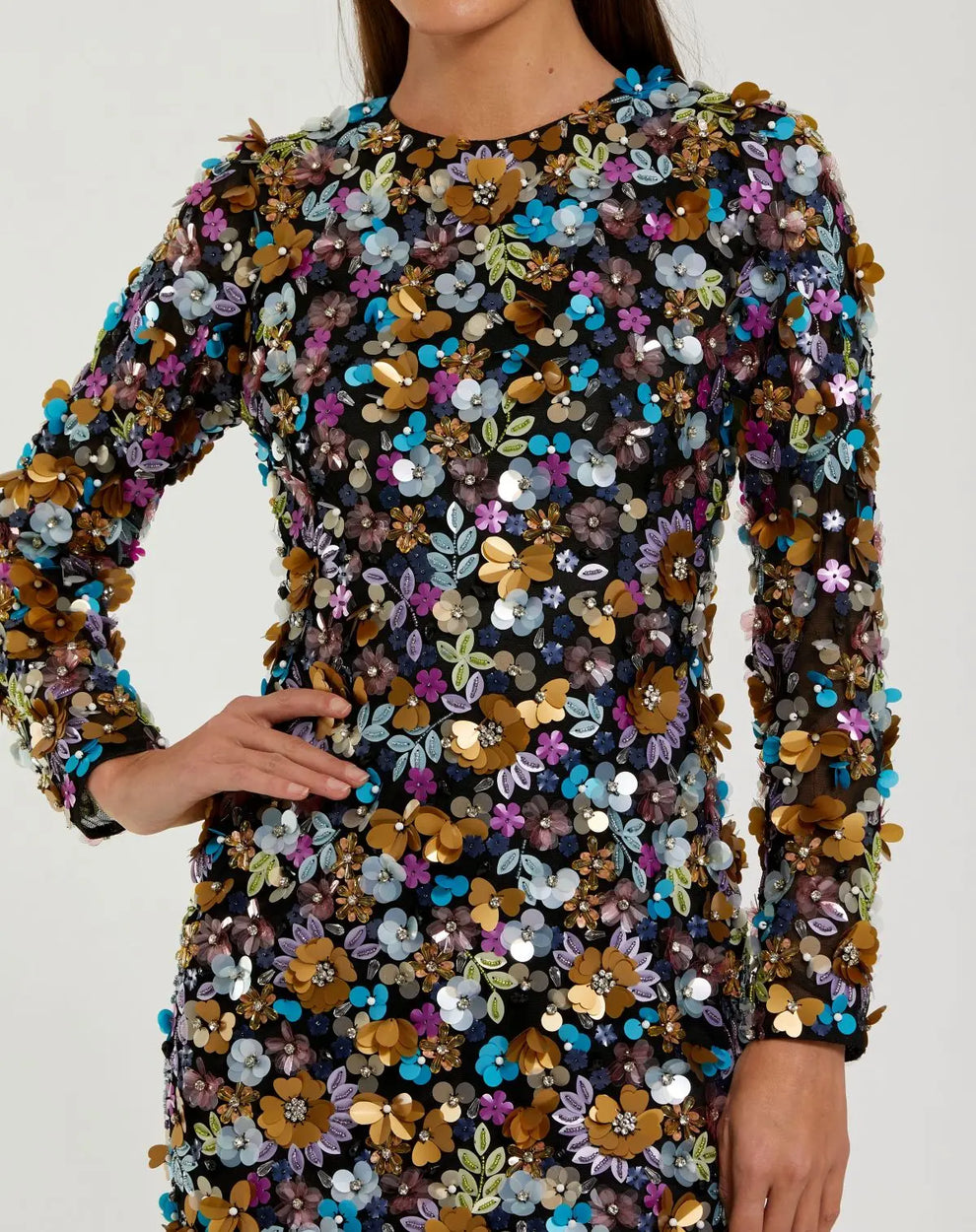 Black Long Sleeve Multicolor 3D Sequin Mini Dress Mac Duggal — free download