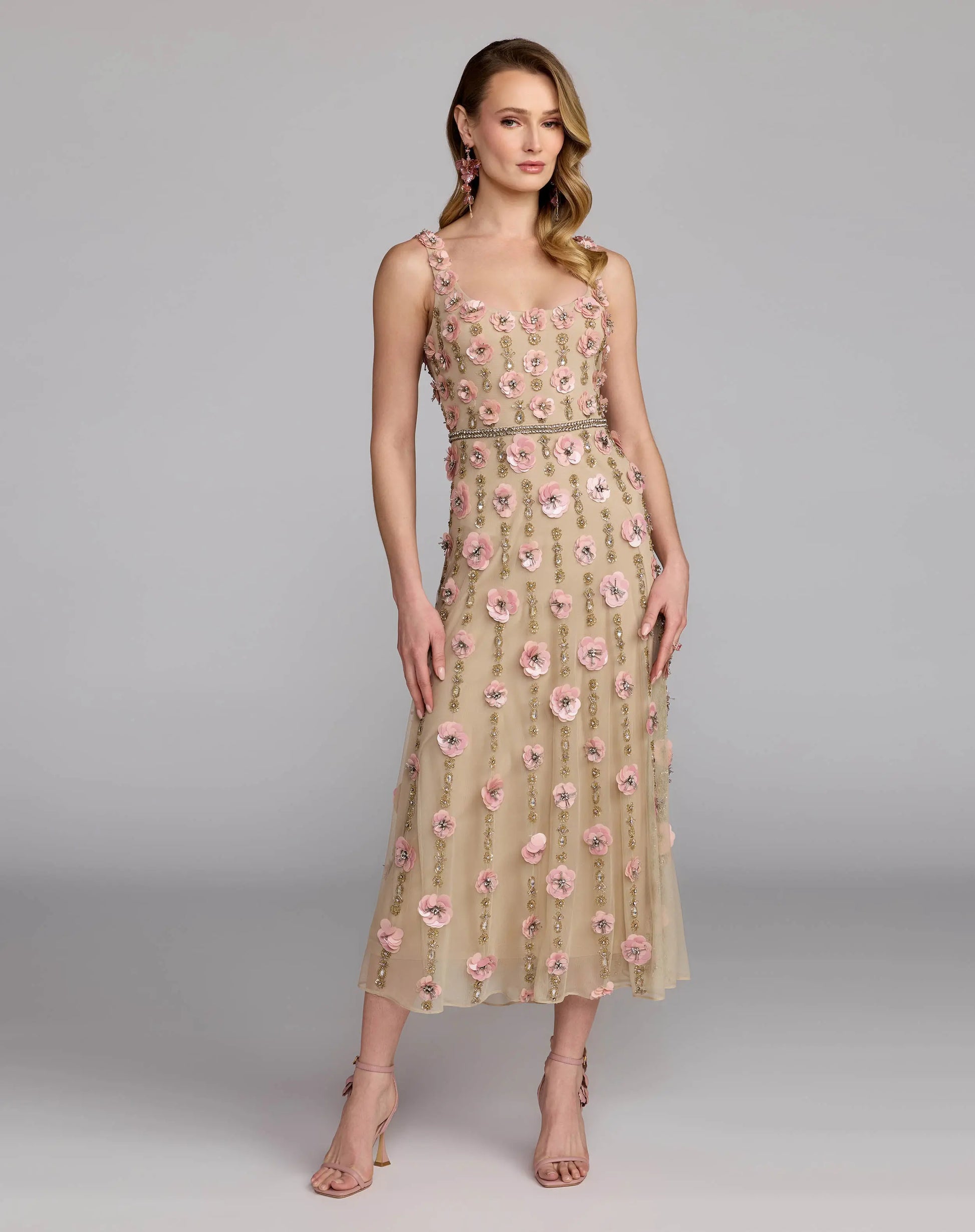 Beige Sleeveless Scoop Neck Embellished Midi Dress- Mac Duggal