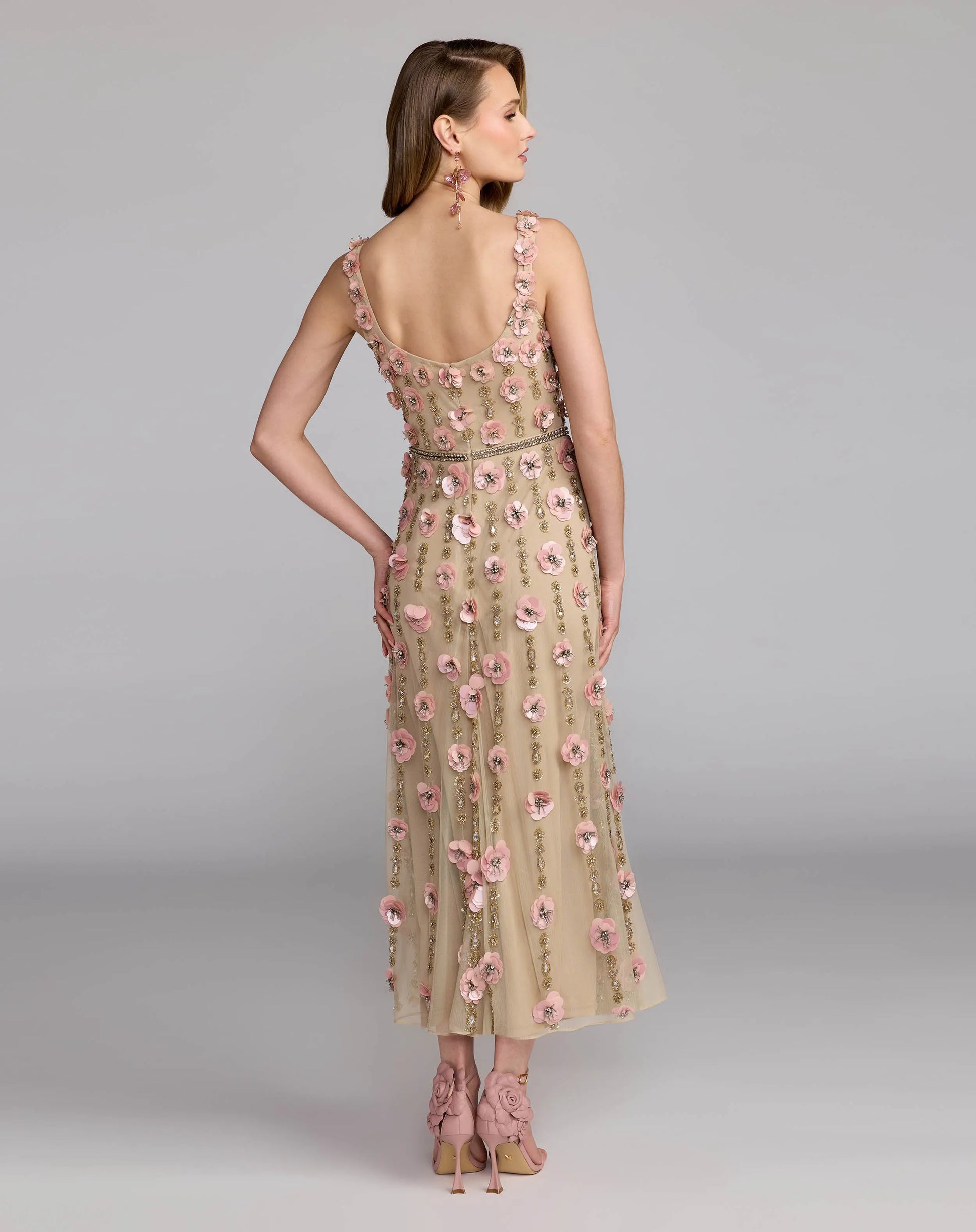 Beige Sleeveless Scoop Neck Embellished Midi Dress