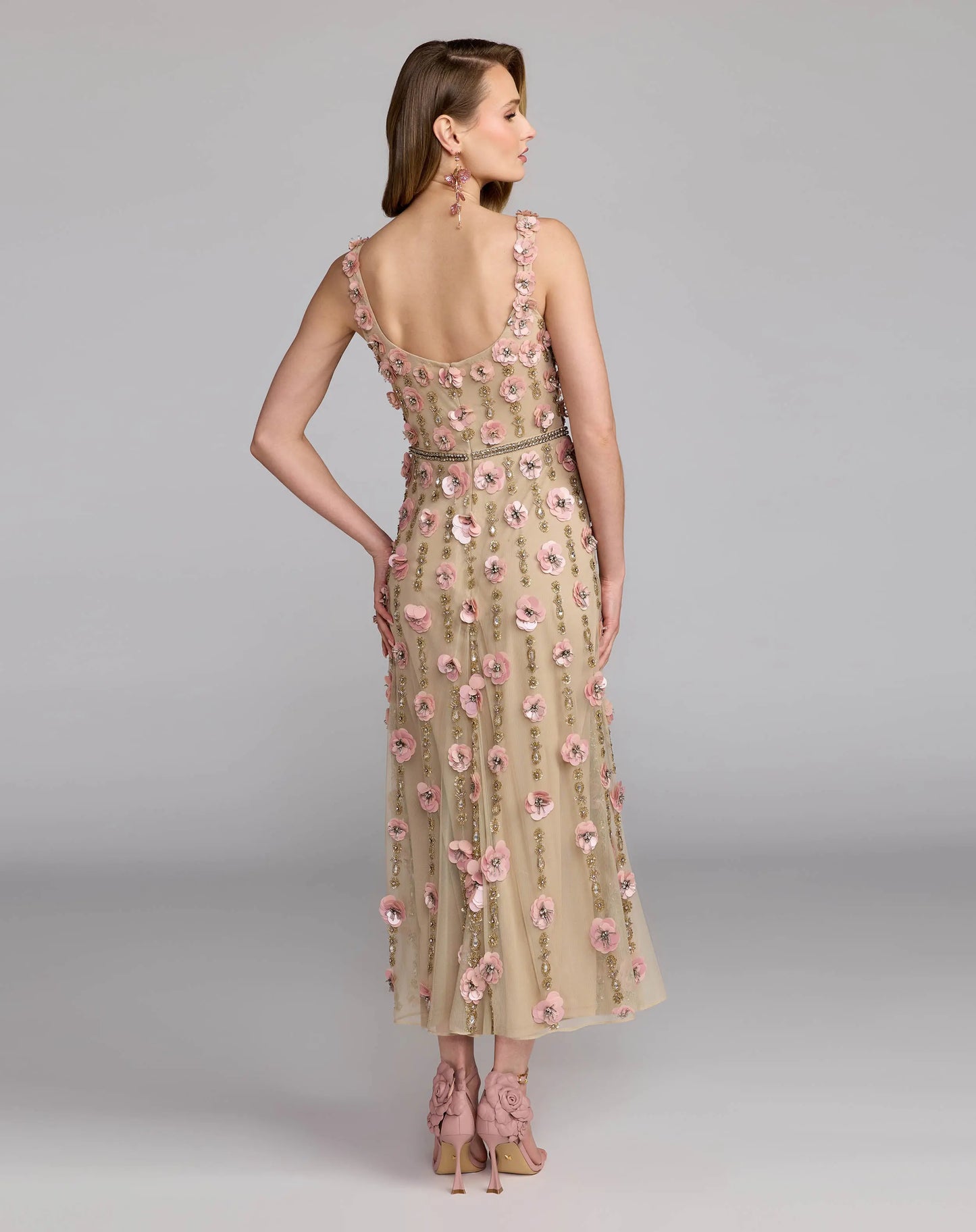 Beige Sleeveless Scoop Neck Embellished Midi Dress- Mac Duggal