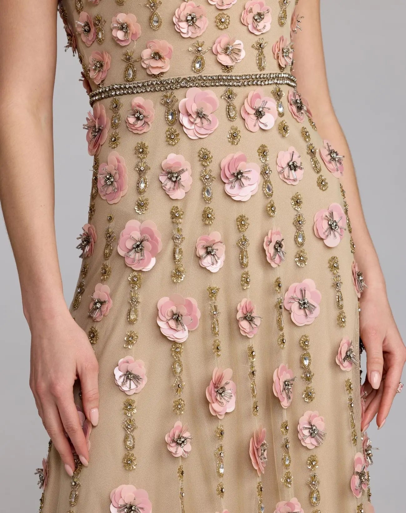 Beige Sleeveless Scoop Neck Embellished Midi Dress- Mac Duggal