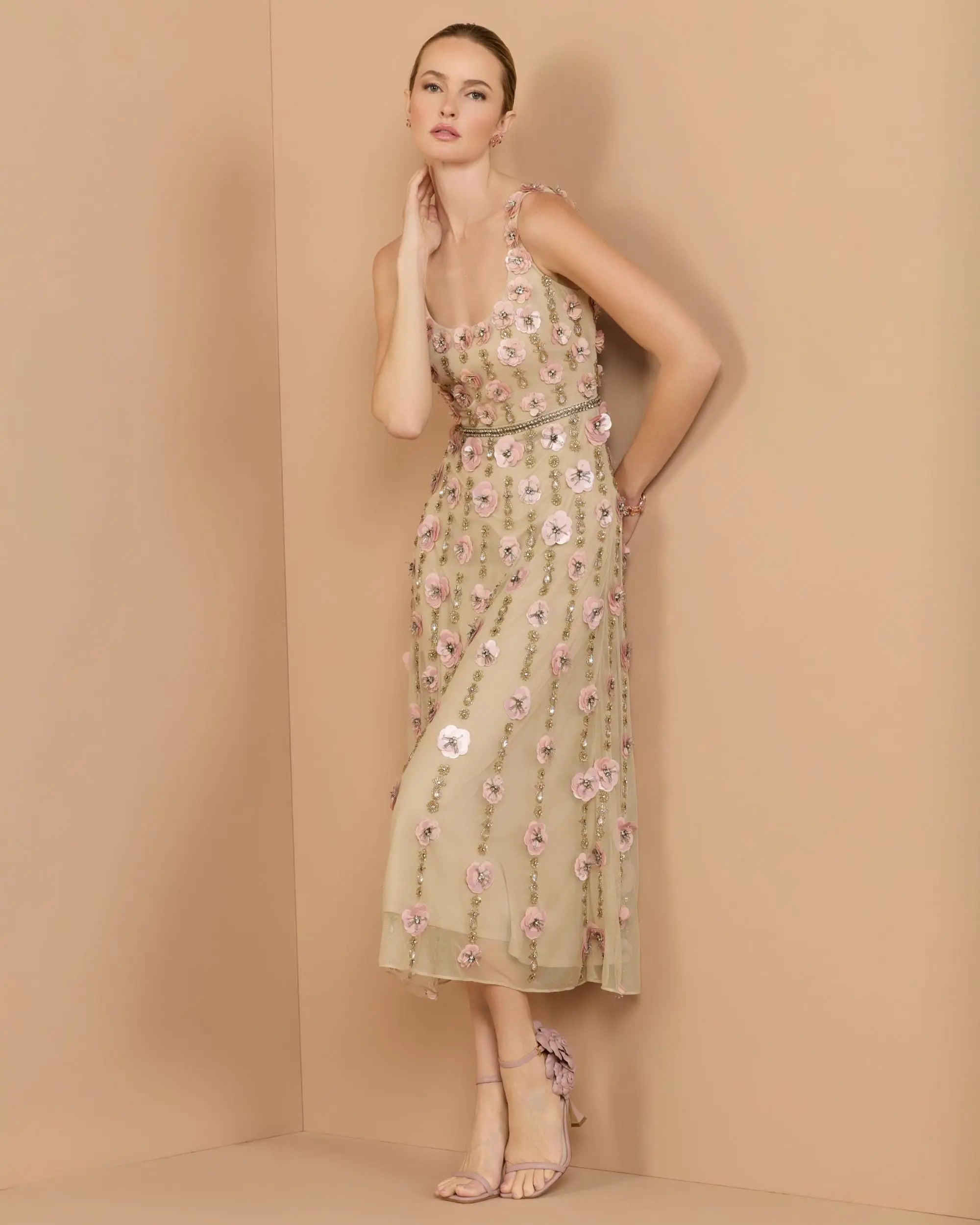 Beige Floral Beaded Scoop Neck Midi Dress | Mac Duggal Beige Floral Beaded Scoop Neck Midi Dress | Mac Duggal