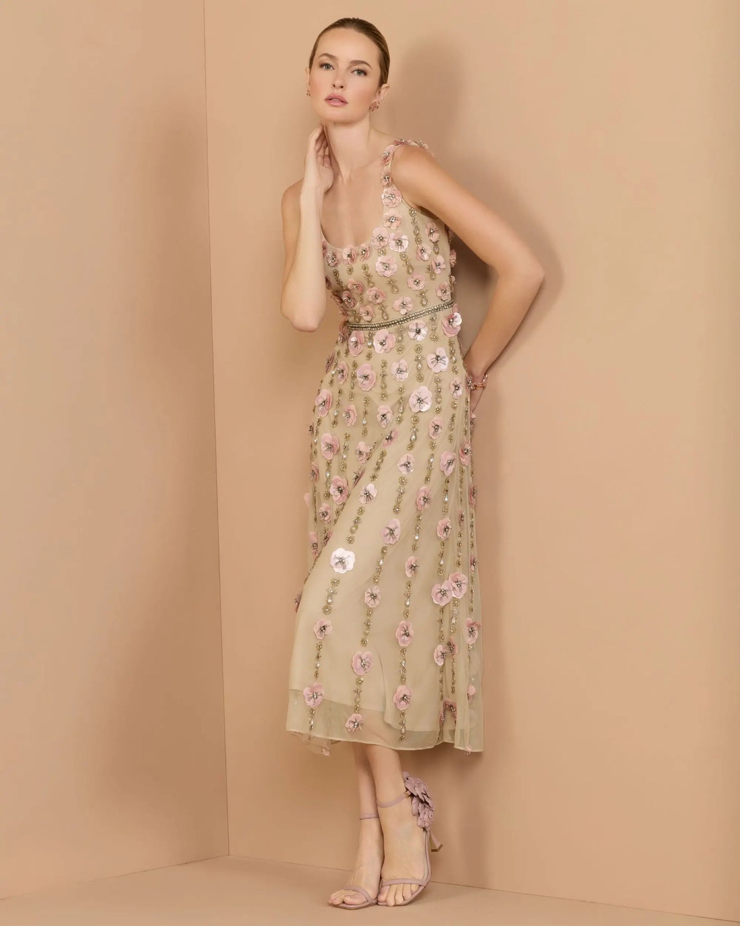 Beige Sleeveless Scoop Neck Embellished Midi Dress- Mac Duggal
