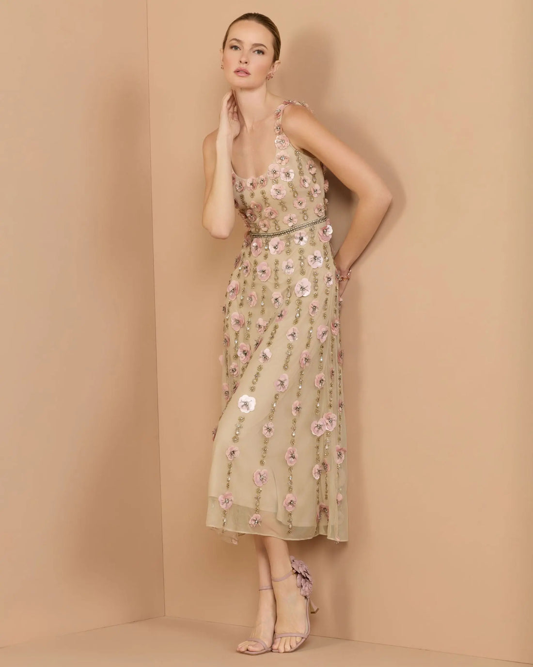 Beige Sleeveless Scoop Neck Embellished Midi Dress- Mac Duggal