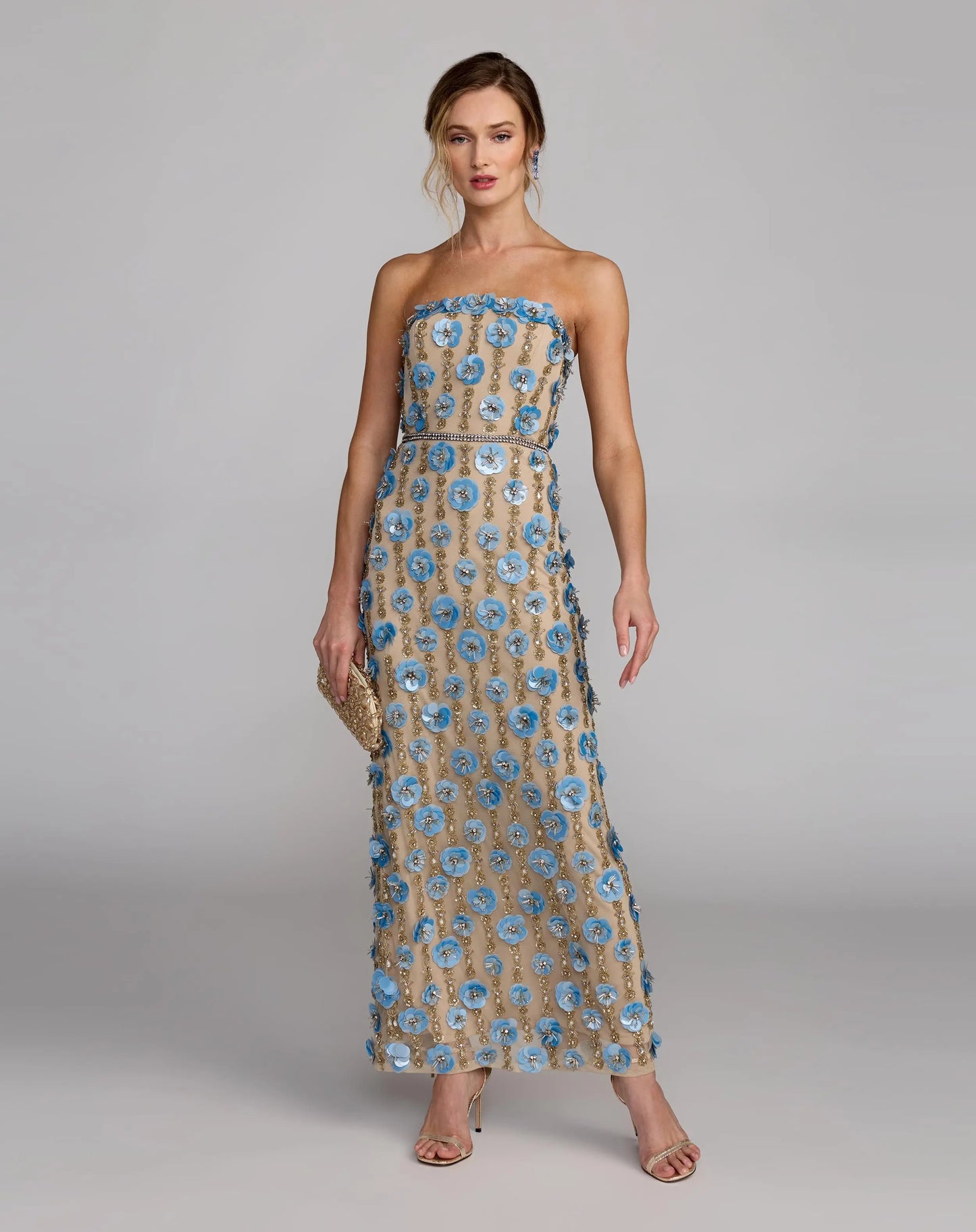 Beige Beaded Sequin Strapless Midi Dress Mac Duggal