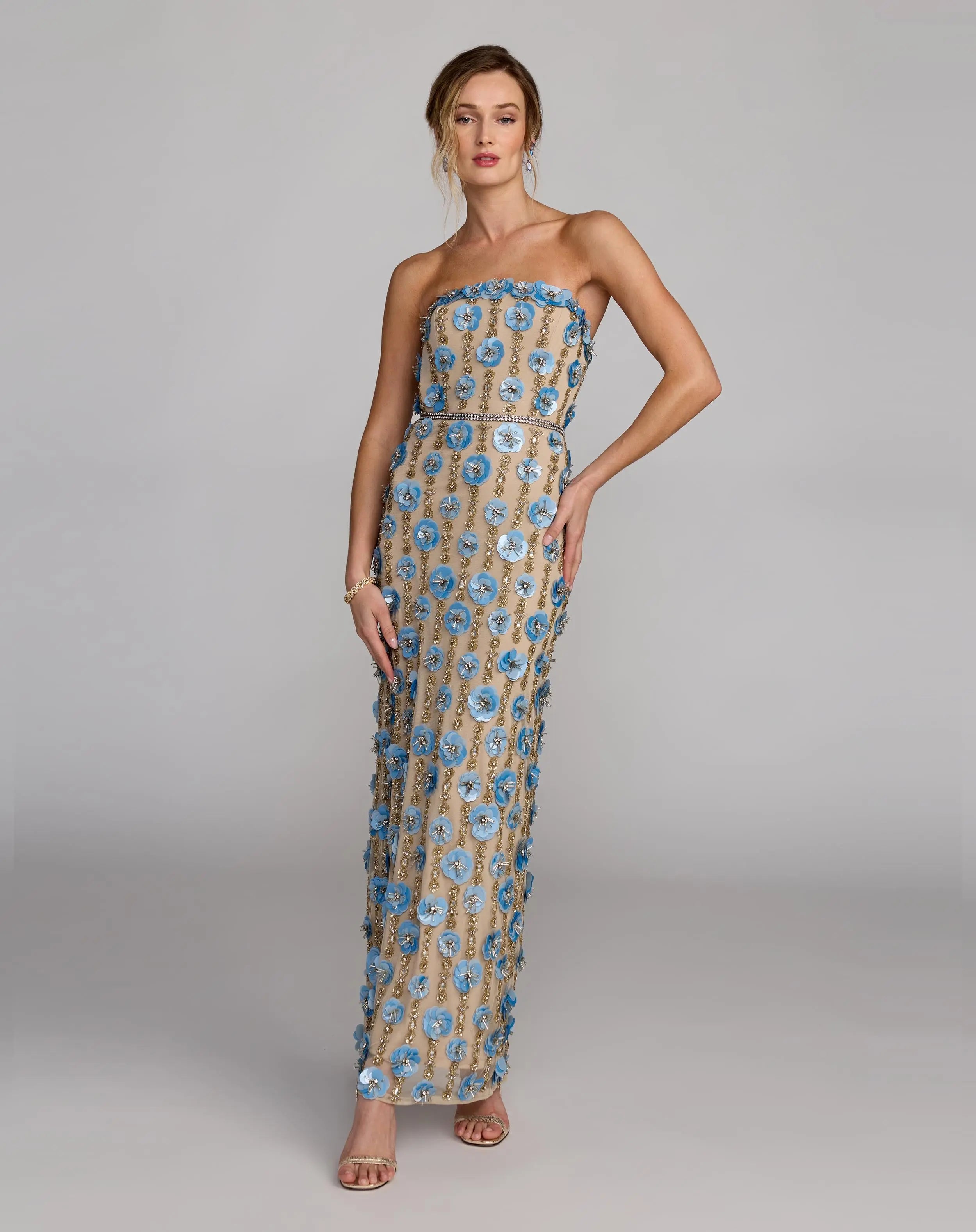 Beige Beaded Sequin Strapless Midi Dress Mac Duggal