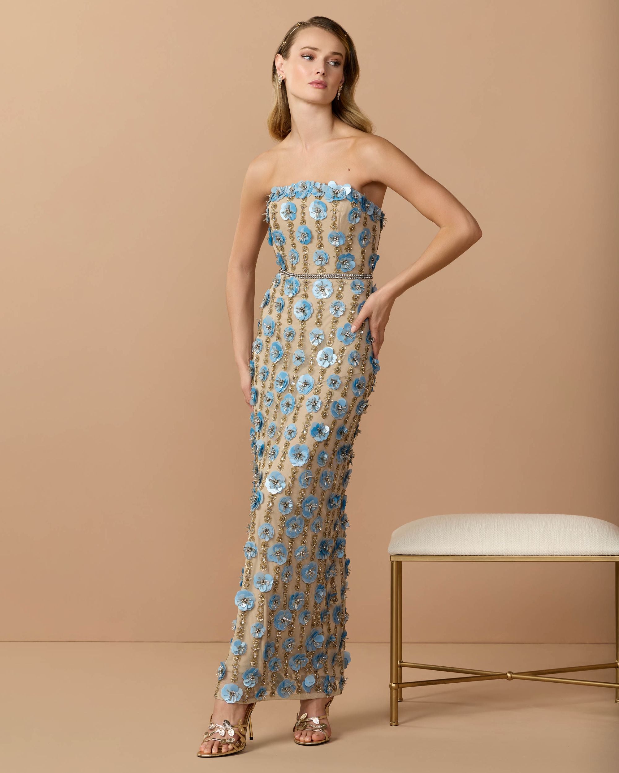 Beige Beaded Sequin Strapless Midi Dress Mac Duggal