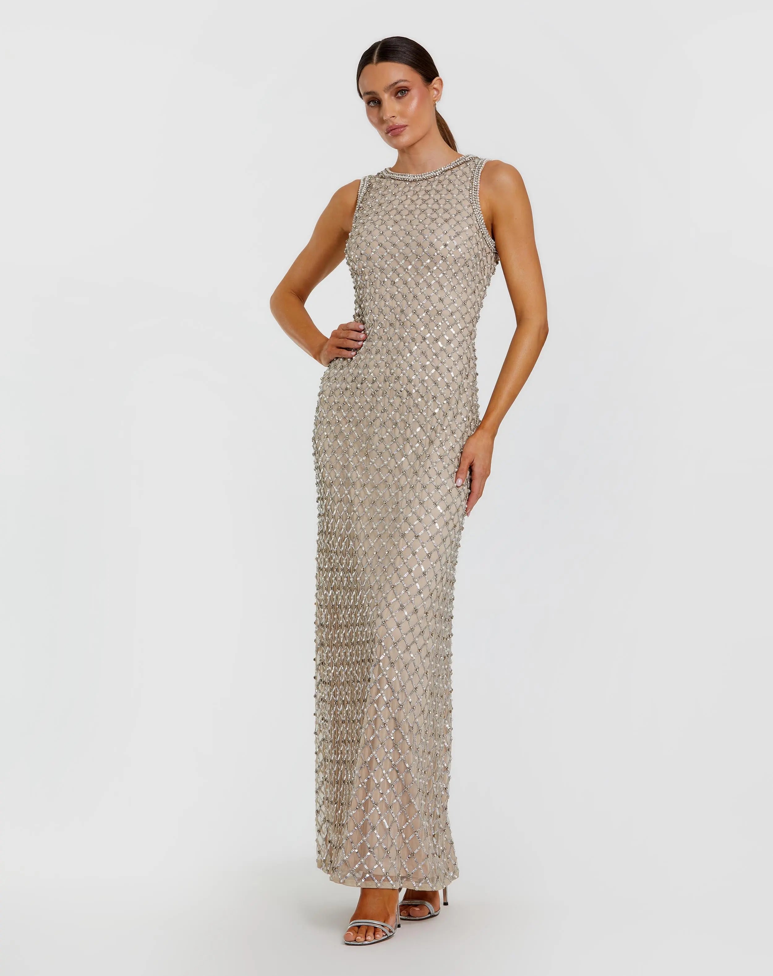 Beige Embellished High Neck Column Gown Mac Duggal