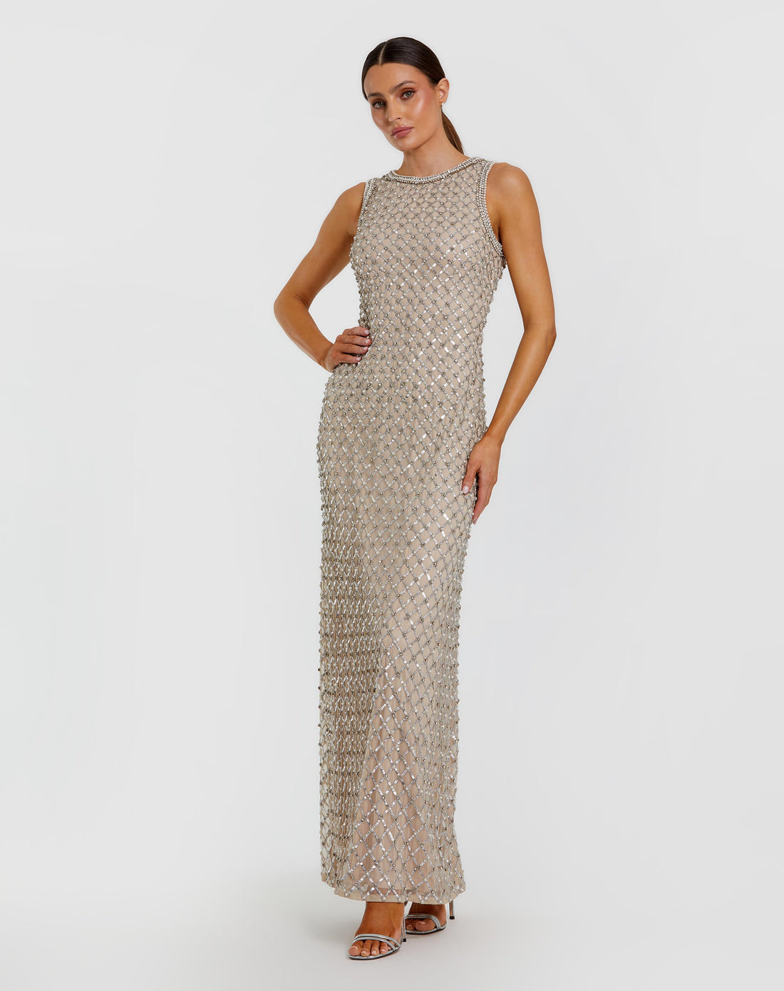 Beige Embellished High Neck Column Gown Mac Duggal
