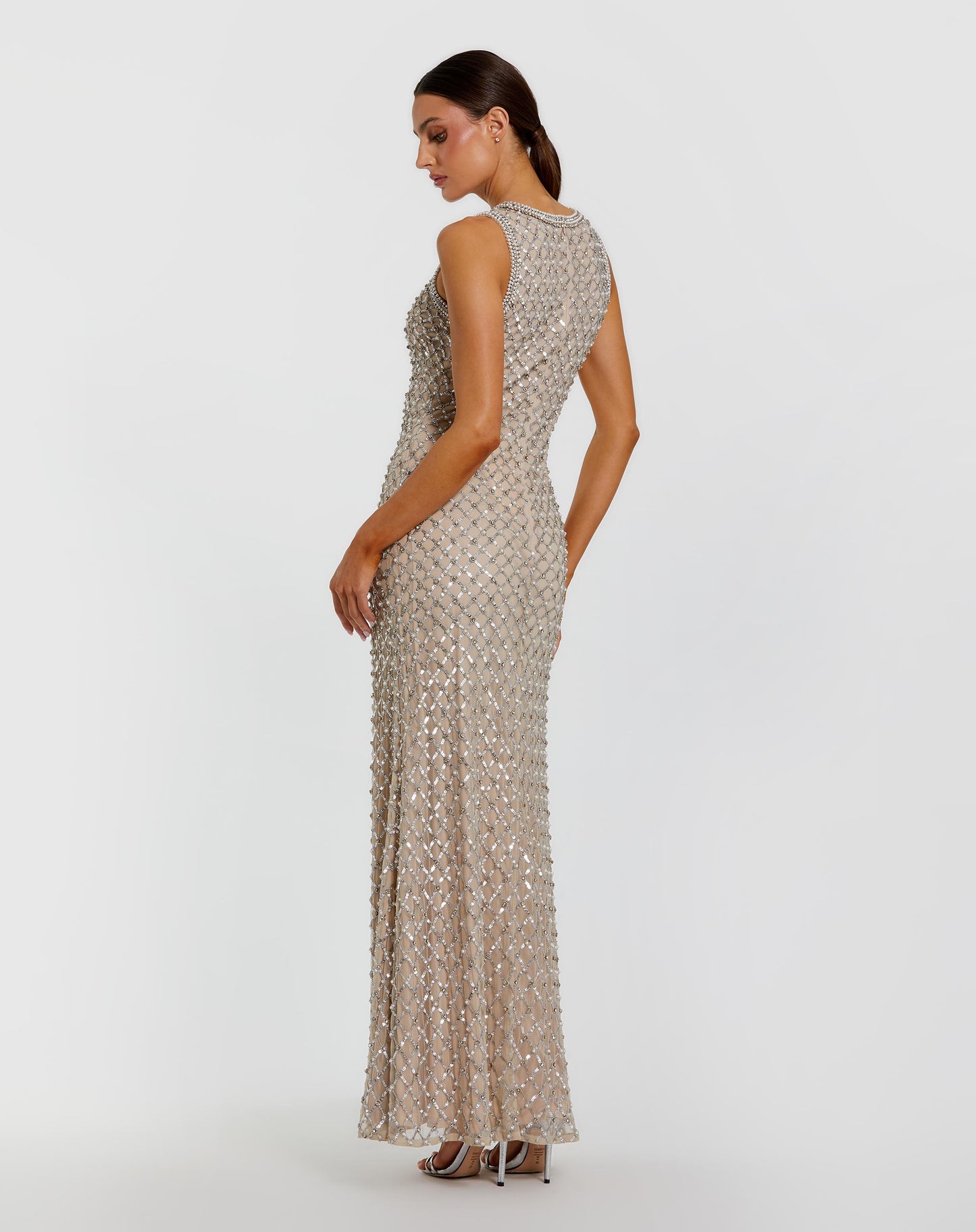 Beige Embellished High Neck Column Gown Mac Duggal