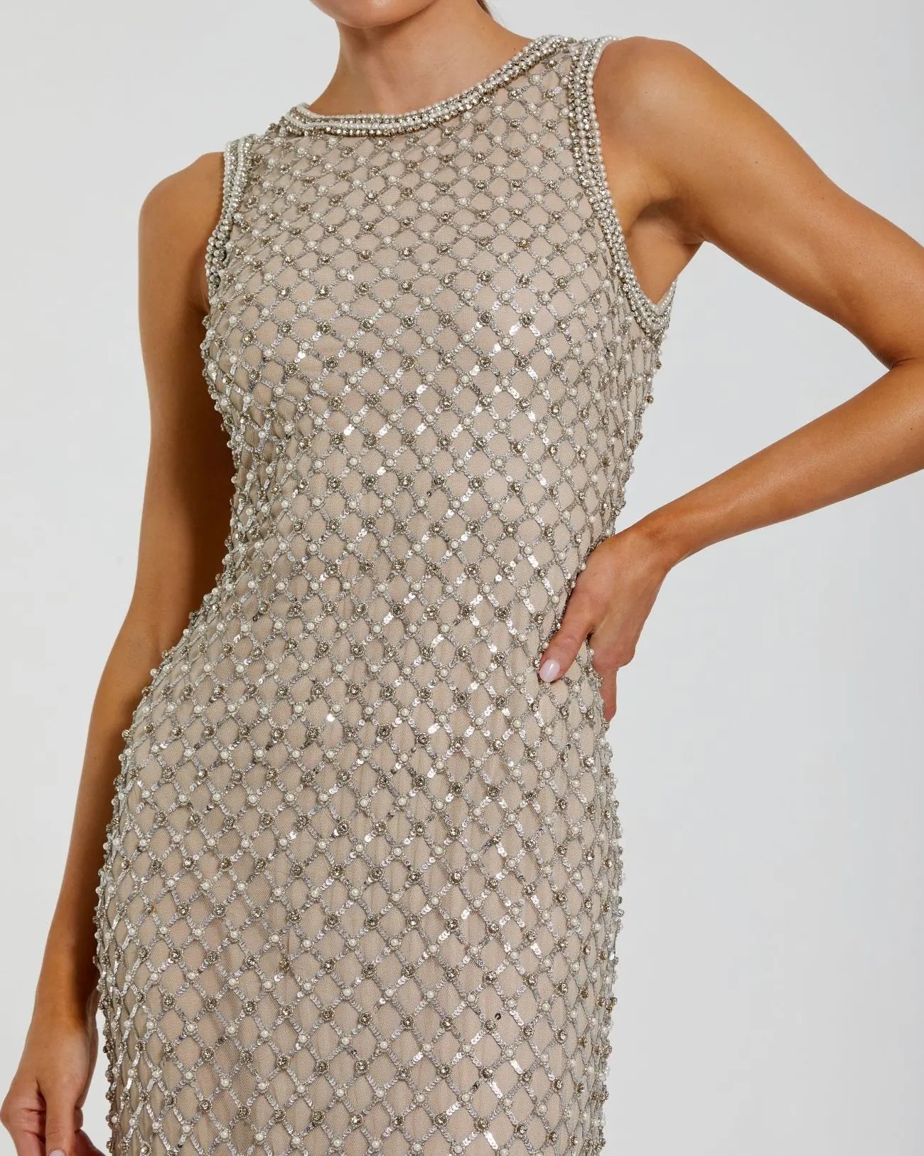 Beige Embellished High Neck Column Gown Mac Duggal