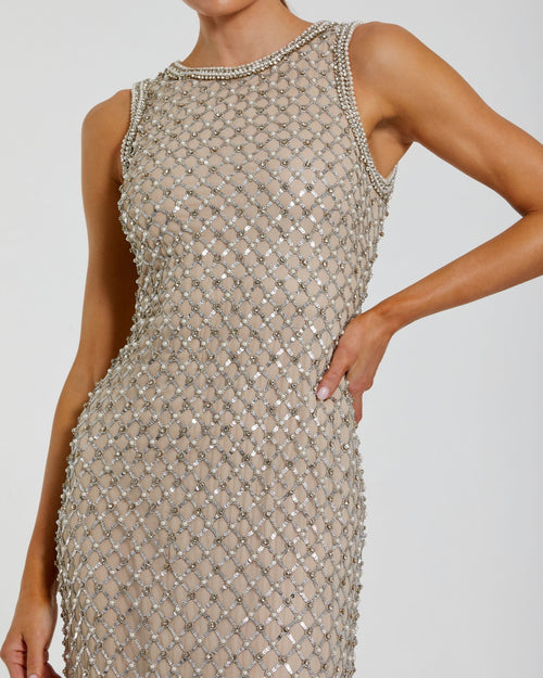 Beige Embellished High Neck Column Gown Mac Duggal