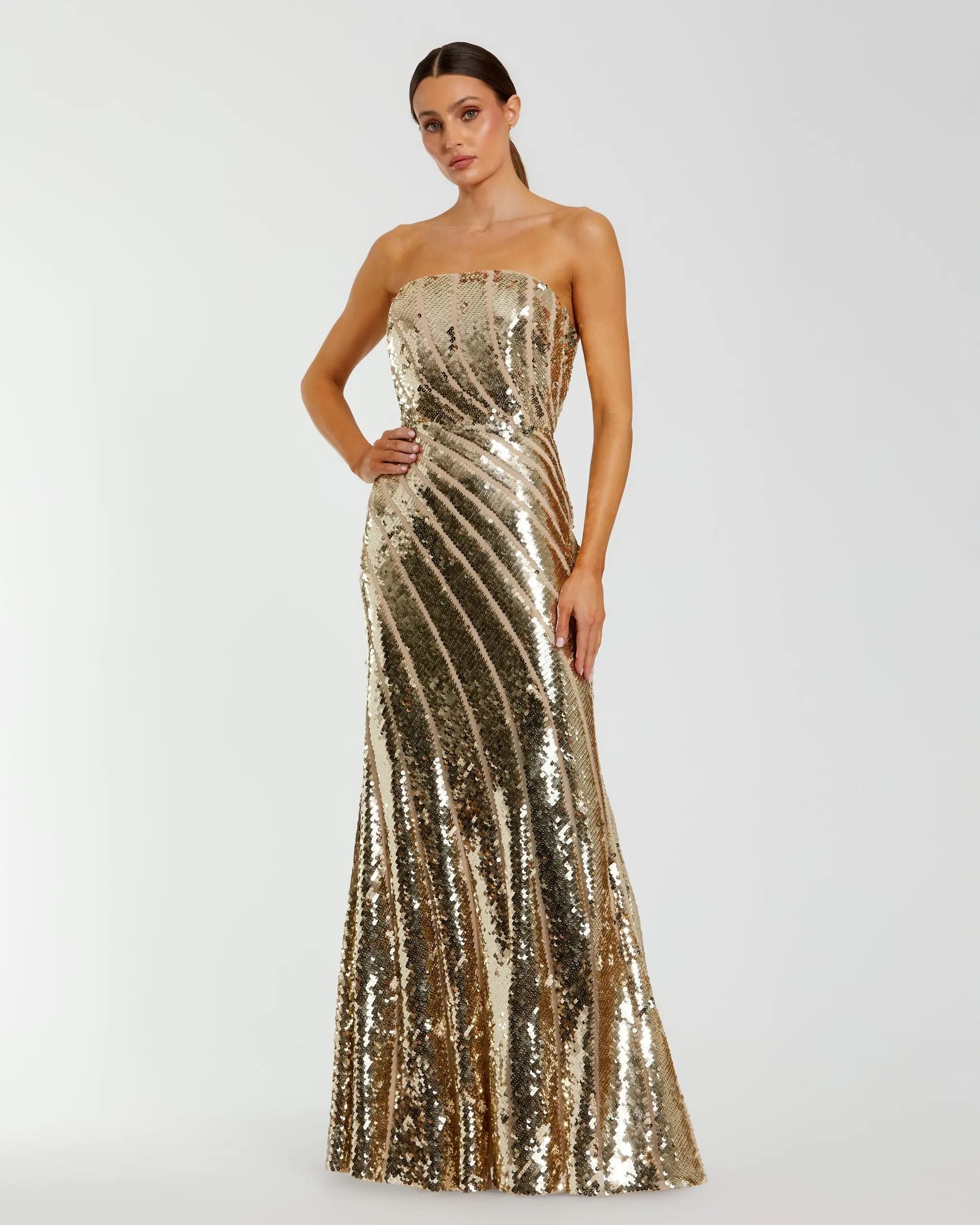 Gold Sequin Mesh Strapless Trumpet Gown - Mac Duggal
