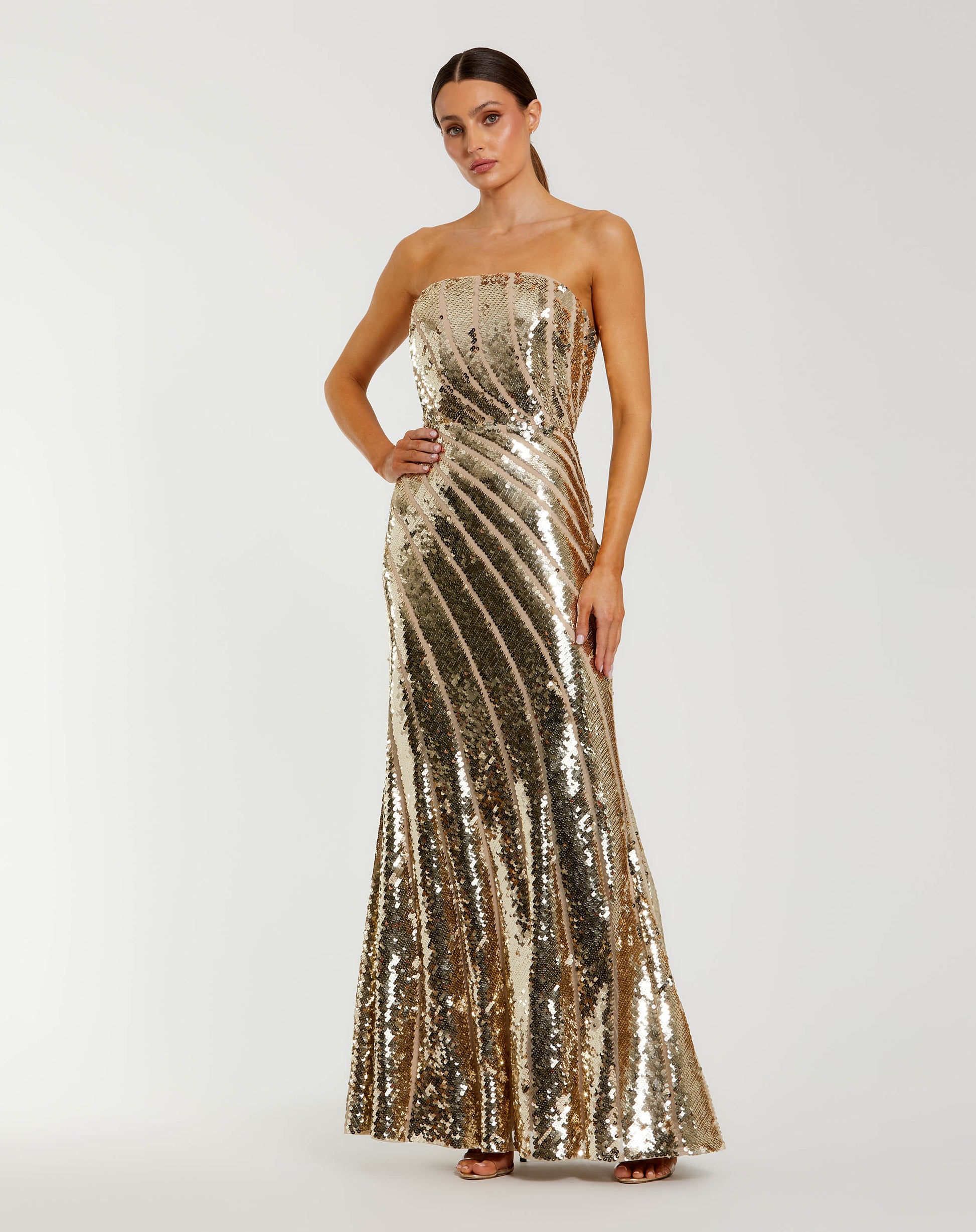Gold Sequin Mesh Strapless Trumpet Gown - Mac Duggal