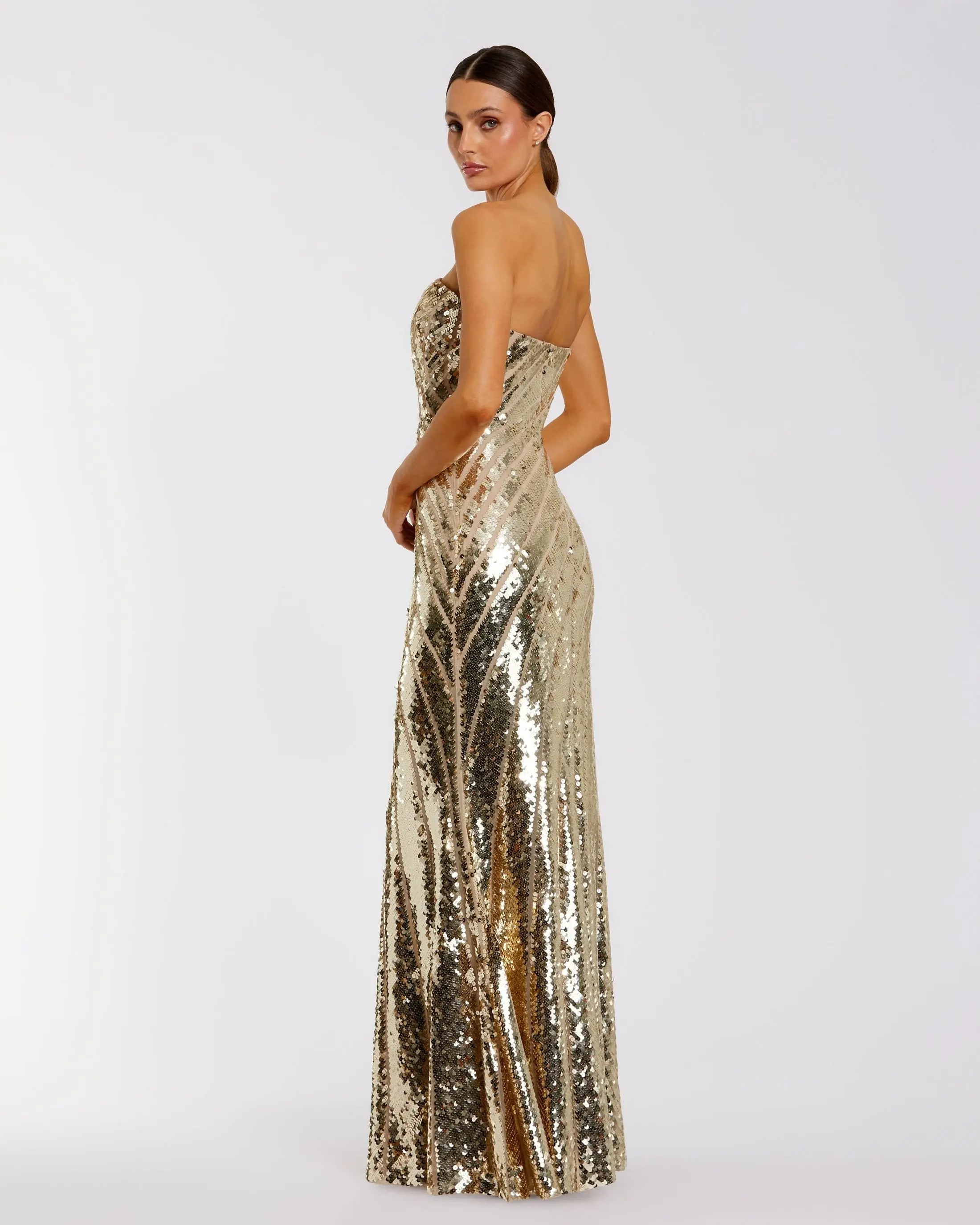 Gold Sequin Mesh Strapless Trumpet Gown - Mac Duggal
