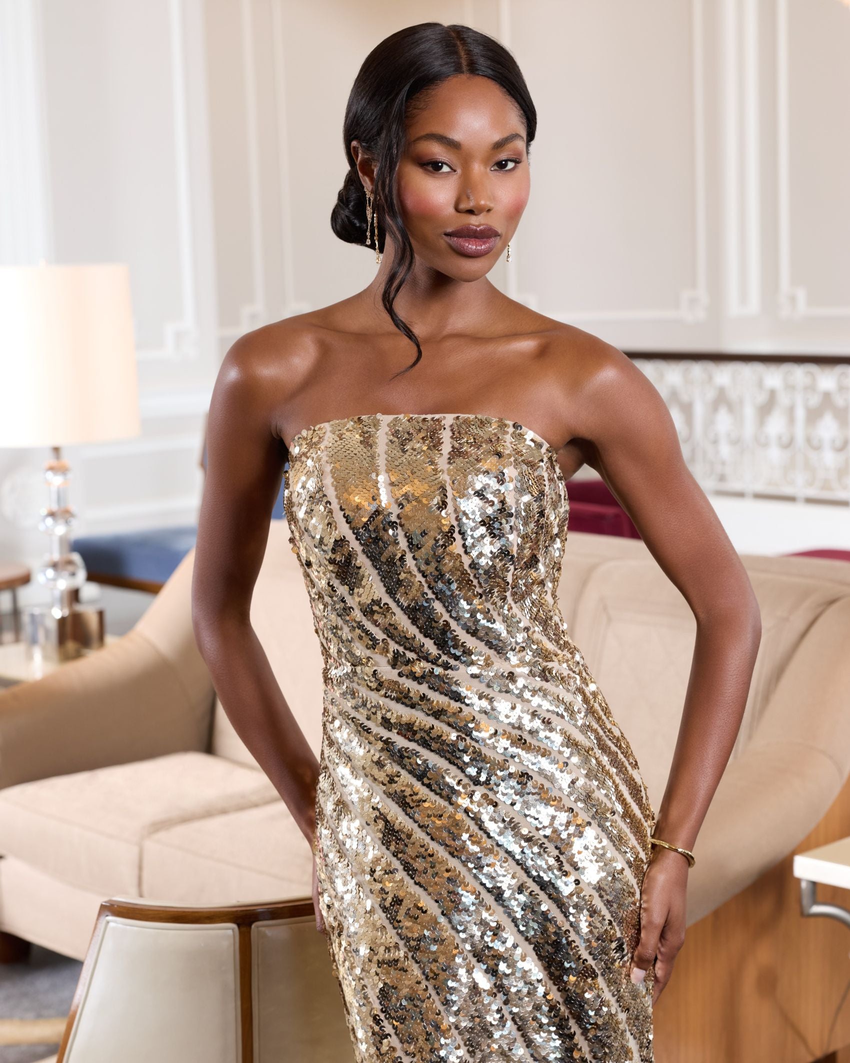 Gold Sequin Mesh Strapless Trumpet Gown - Mac Duggal