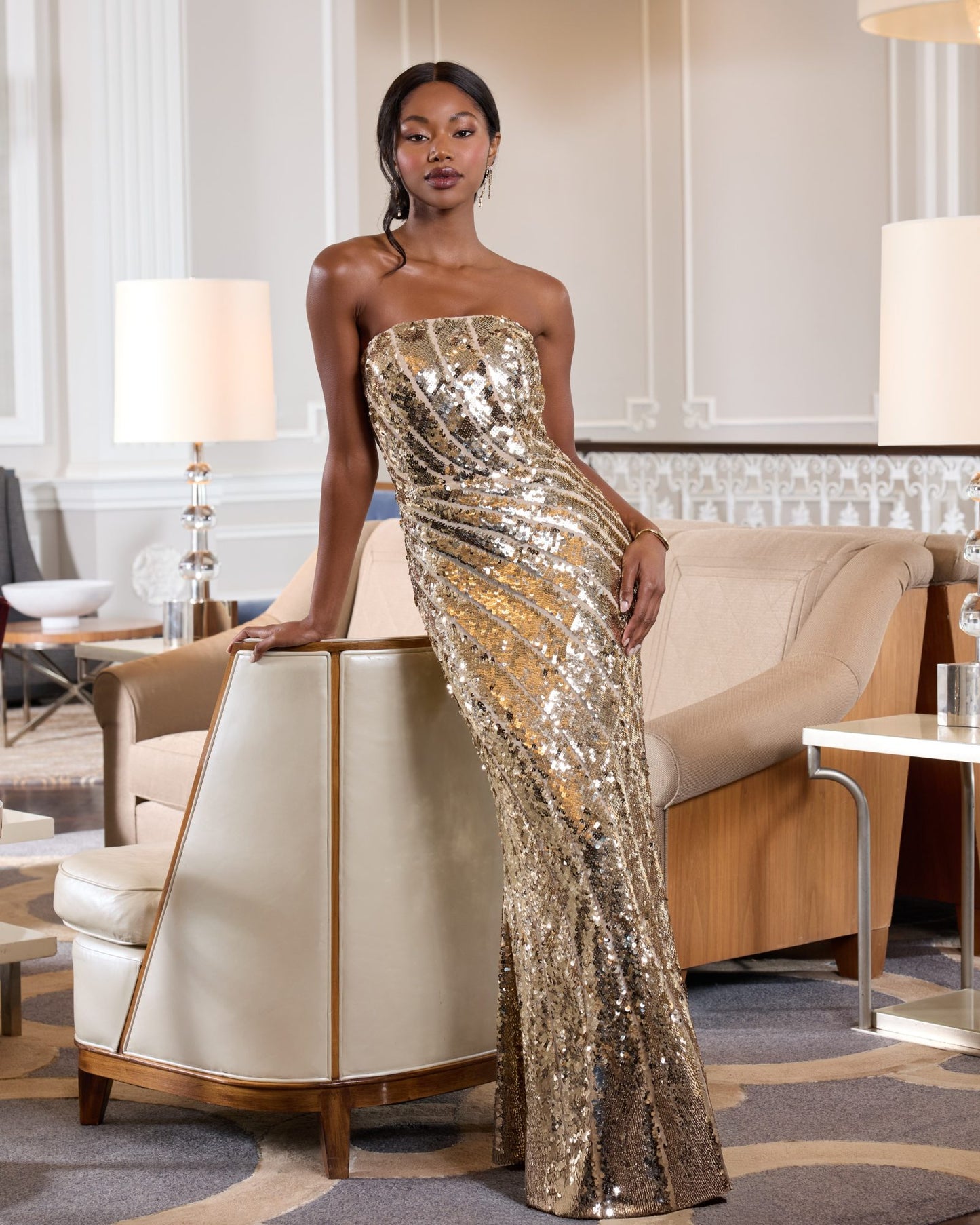 Gold Sequin Mesh Strapless Trumpet Gown - Mac Duggal