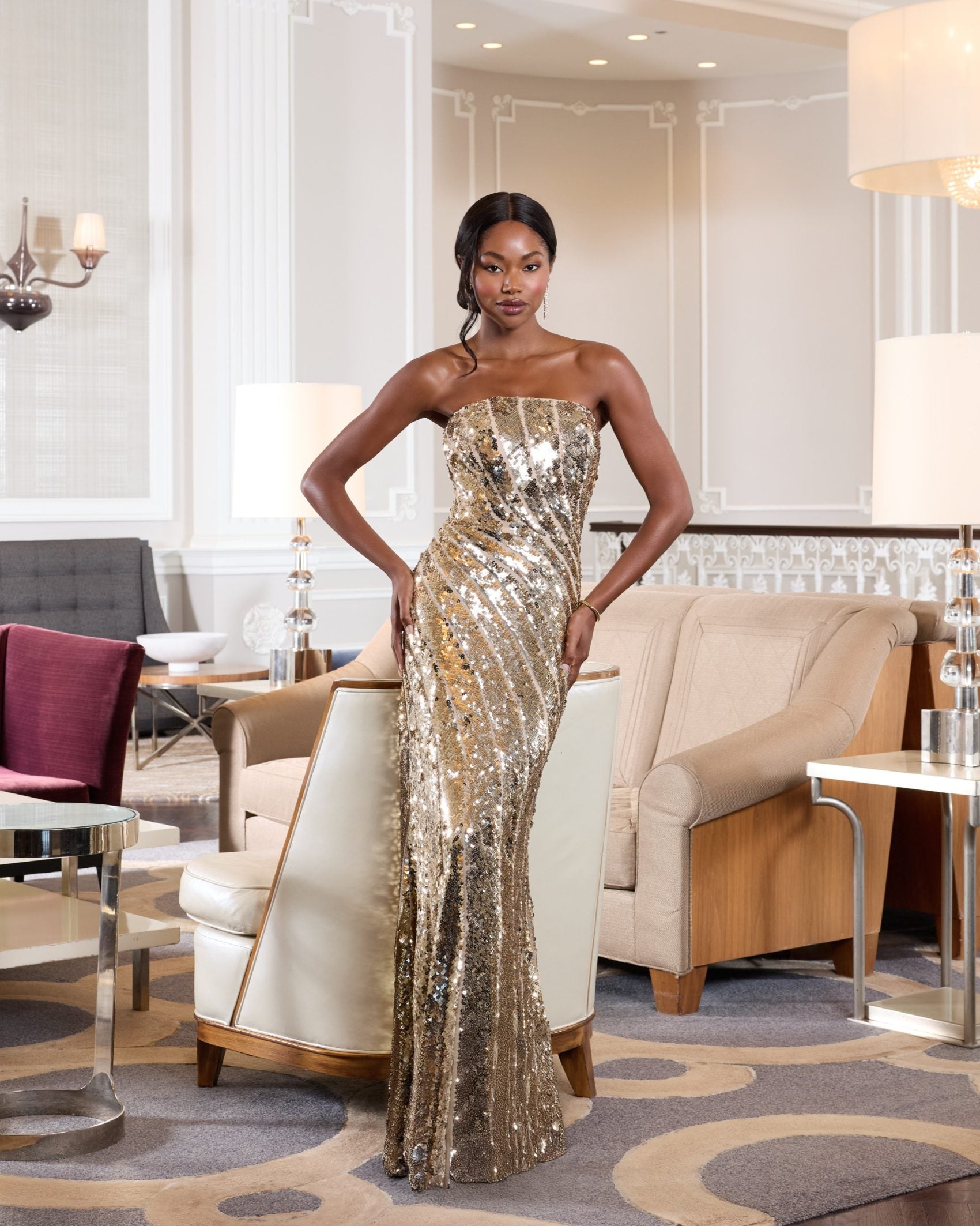 Gold Sequin Mesh Strapless Trumpet Gown - Mac Duggal