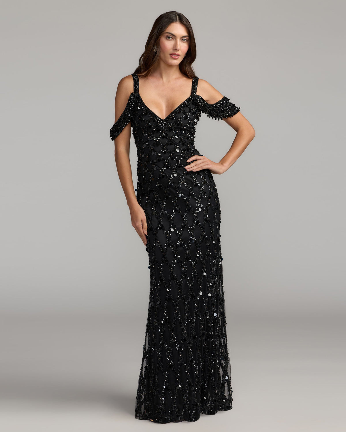Black Sequin Embellished V-Neck Gown - Mac Duggal