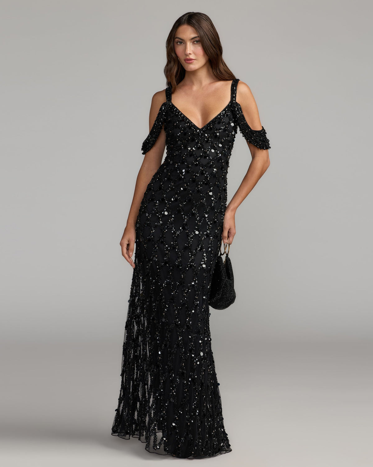 Black Sequin Embellished V-Neck Gown - Mac Duggal
