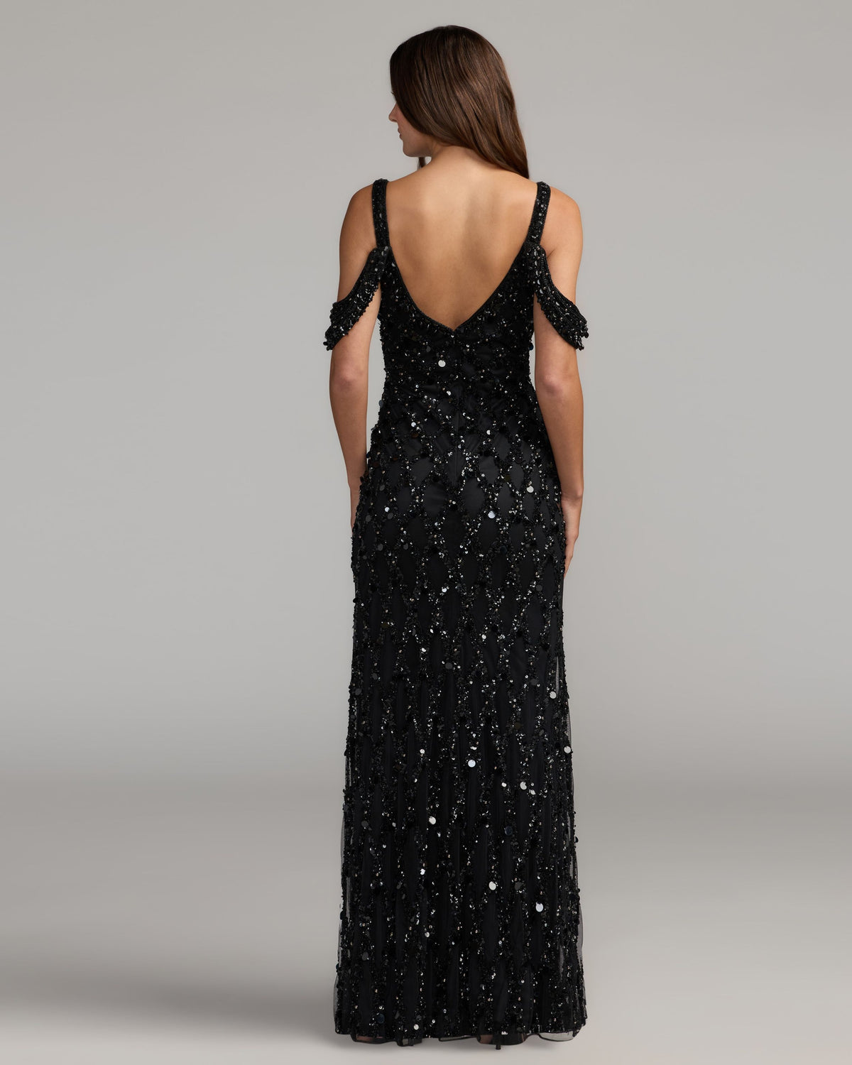 Black Sequin Embellished V-Neck Gown - Mac Duggal
