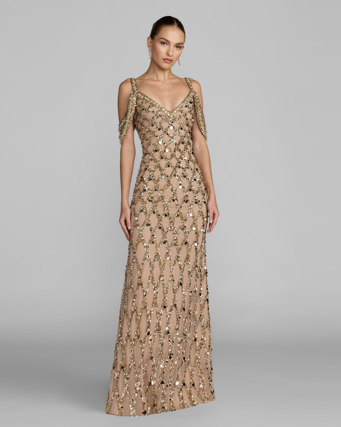 Gold Sequin Embellished V-Neck Gown - Mac Duggal