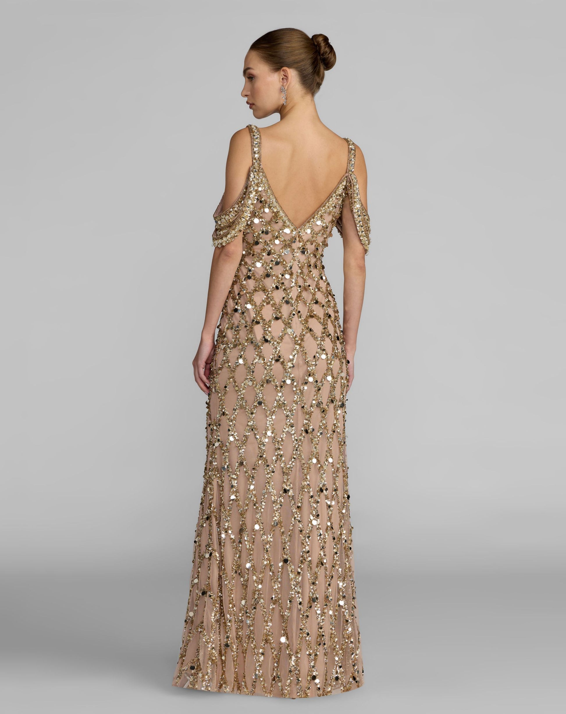 Gold Sequin Embellished V-Neck Gown - Mac Duggal