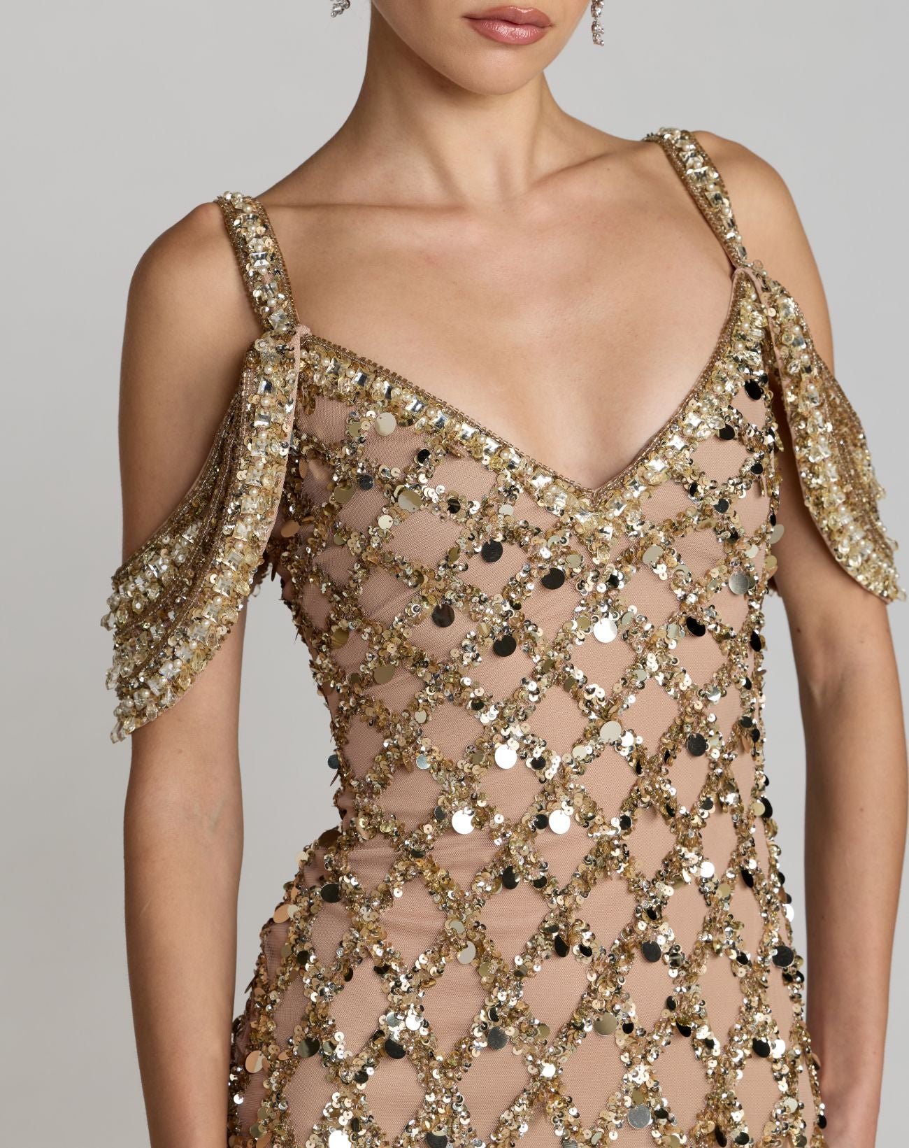 Gold Sequin Embellished V-Neck Gown - Mac Duggal