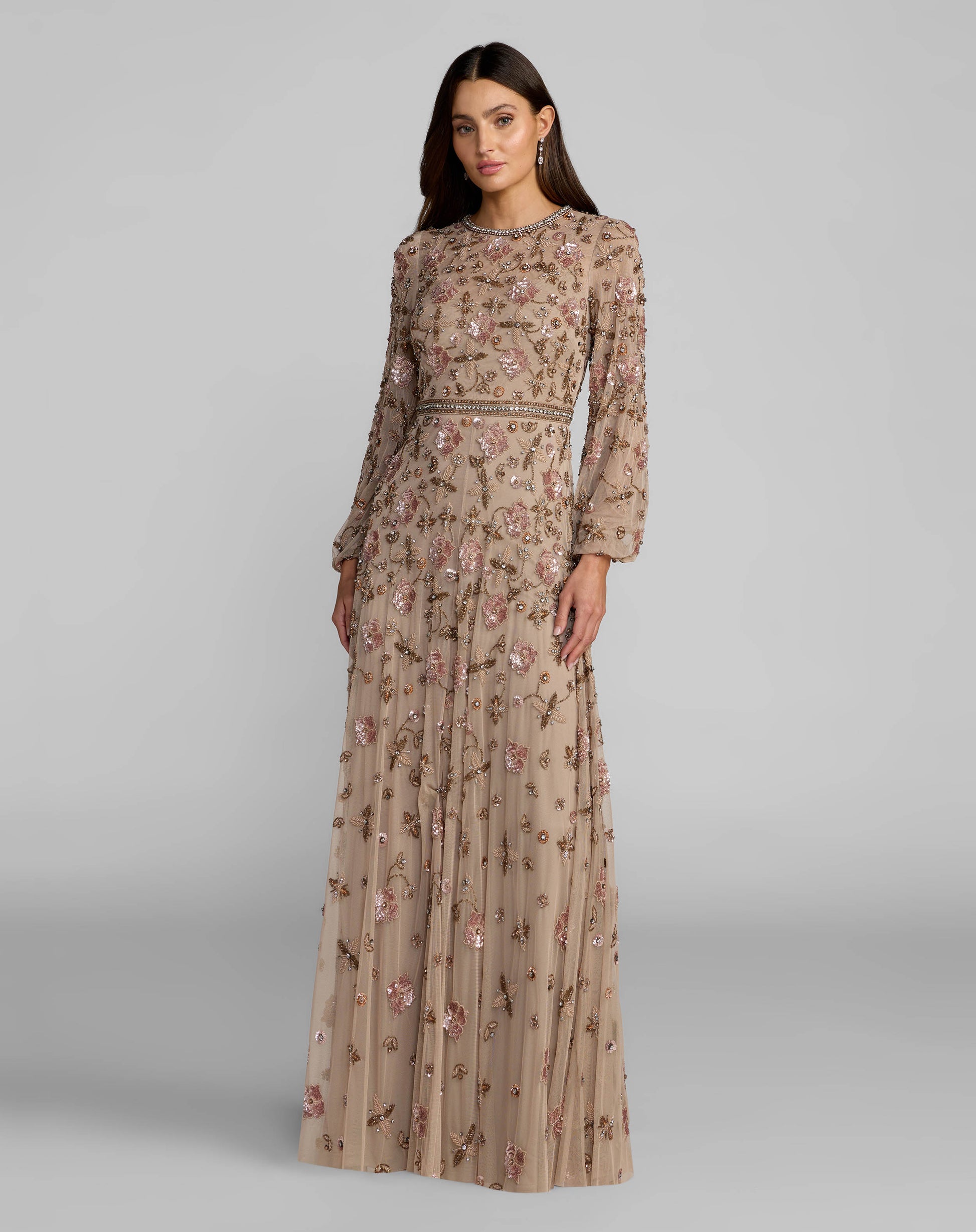 Beige Crystal Beaded Floral Bishop Sleeve Gown Mac Duggal