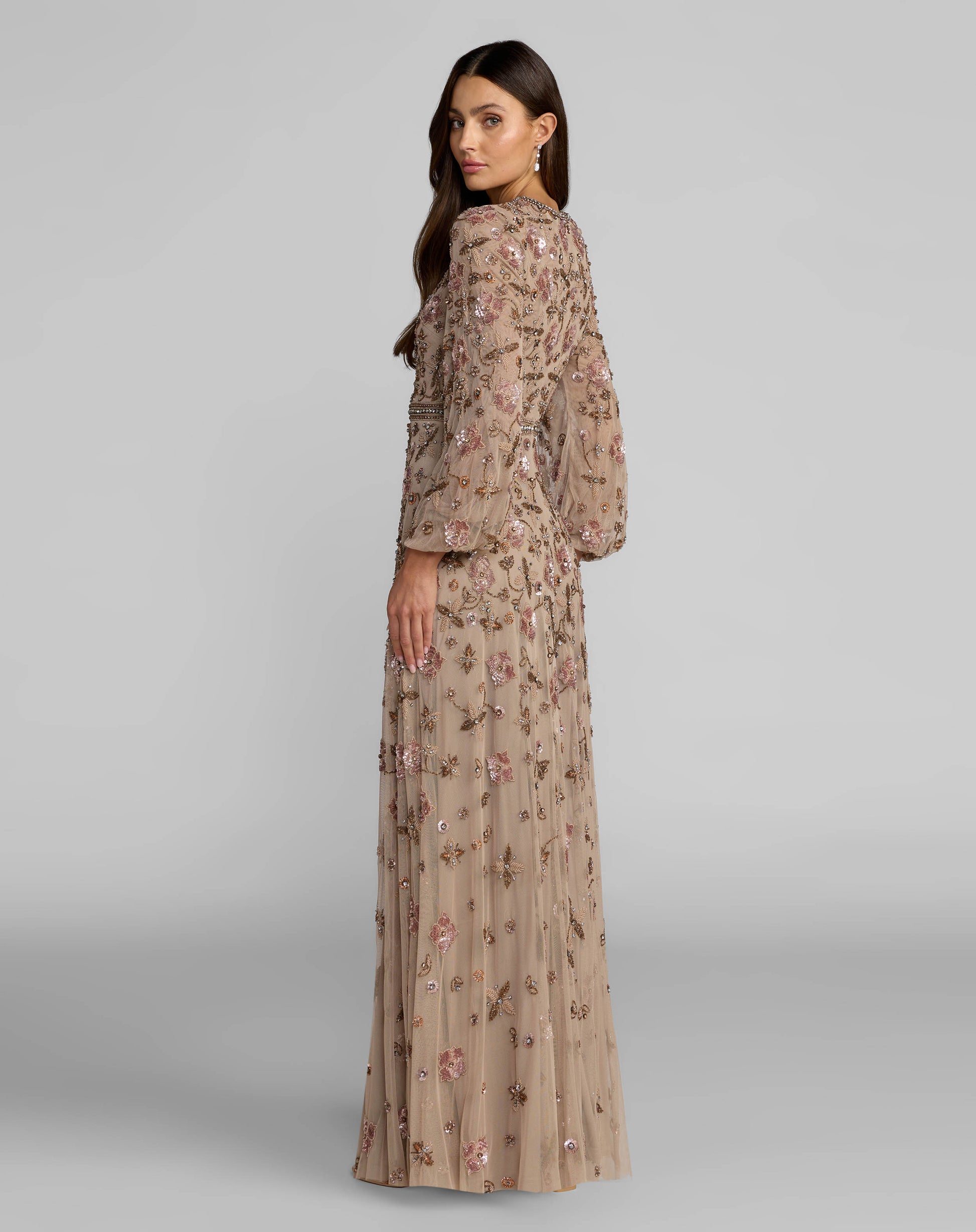 Beige Crystal Beaded Floral Bishop Sleeve Gown Mac Duggal