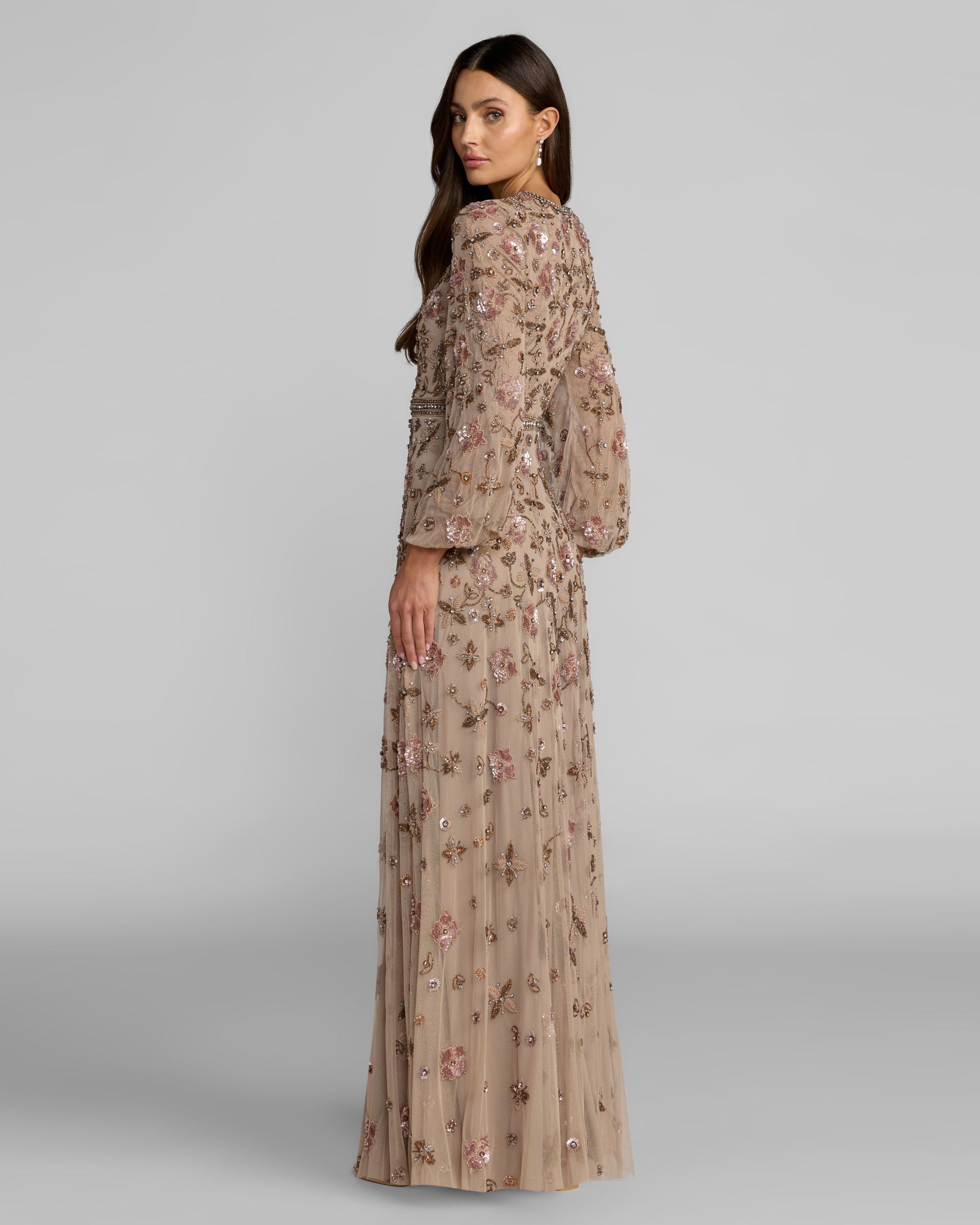 Beige Crystal Beaded Floral Bishop Sleeve Gown Mac Duggal