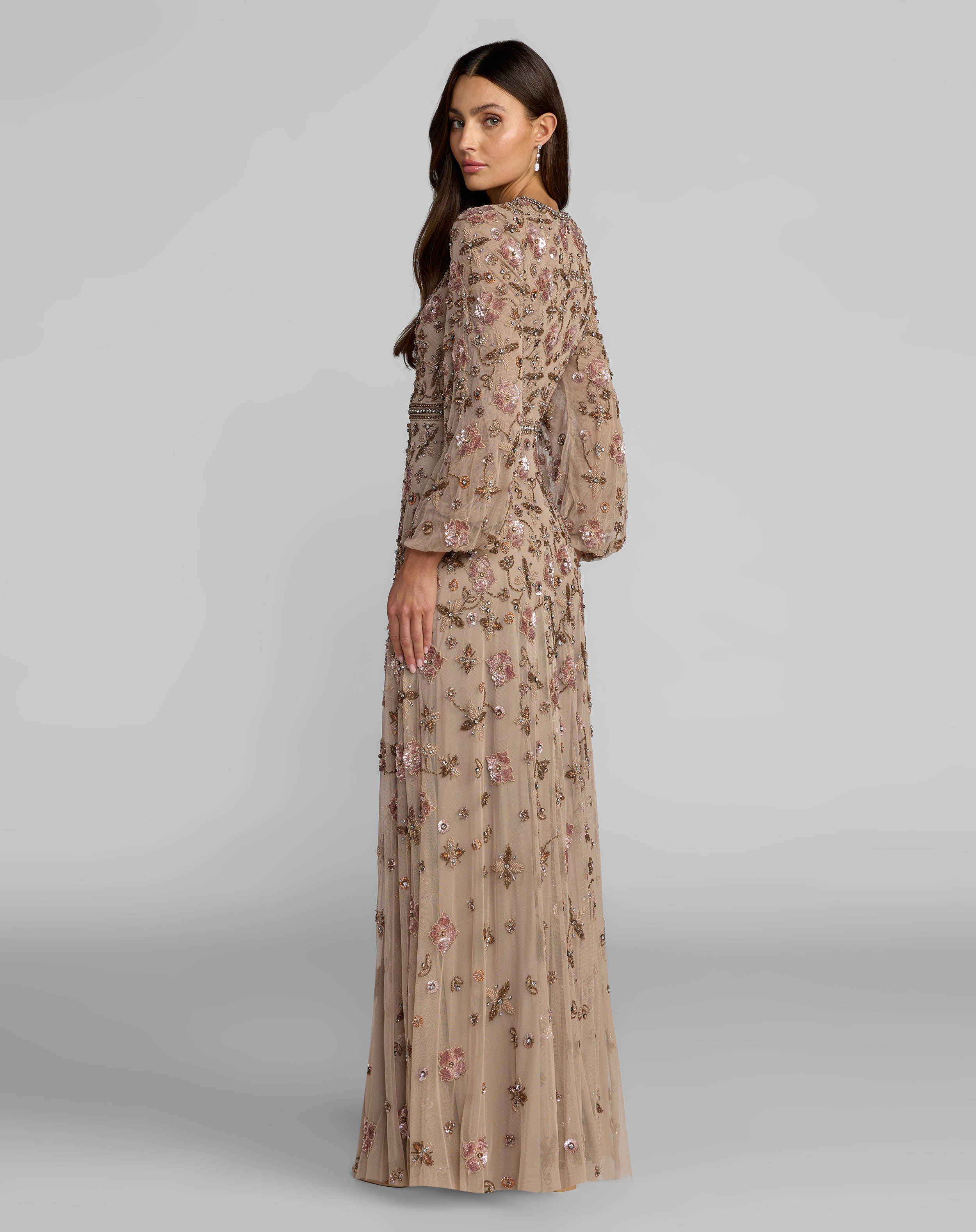 Beige Crystal Beaded Floral Bishop Sleeve Gown Mac Duggal
