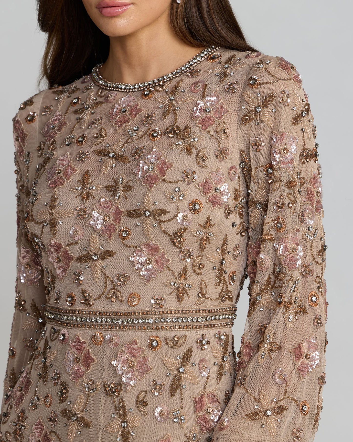 Beige Crystal Beaded Floral Bishop Sleeve Gown Mac Duggal