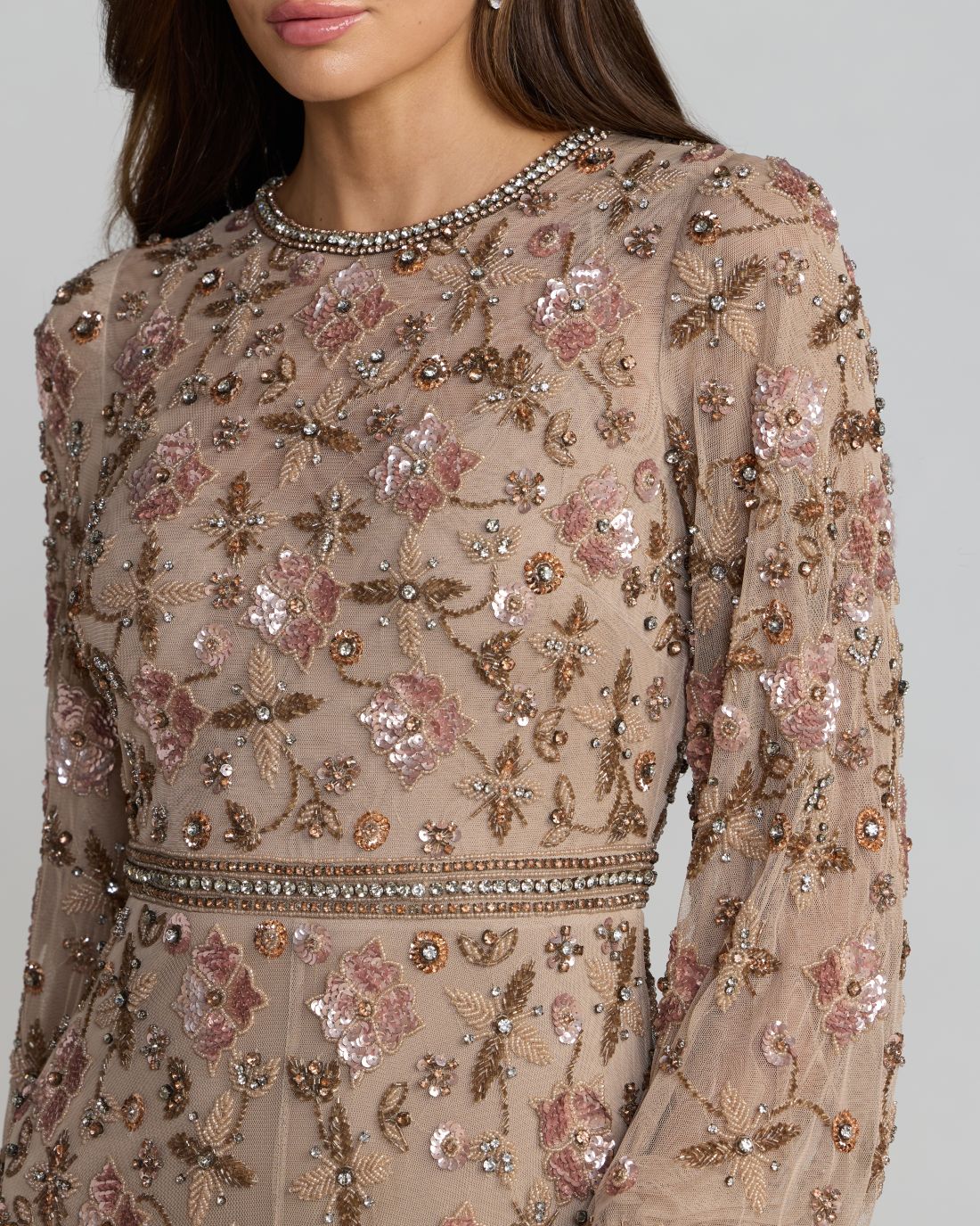 Beige Crystal Beaded Floral Bishop Sleeve Gown Mac Duggal