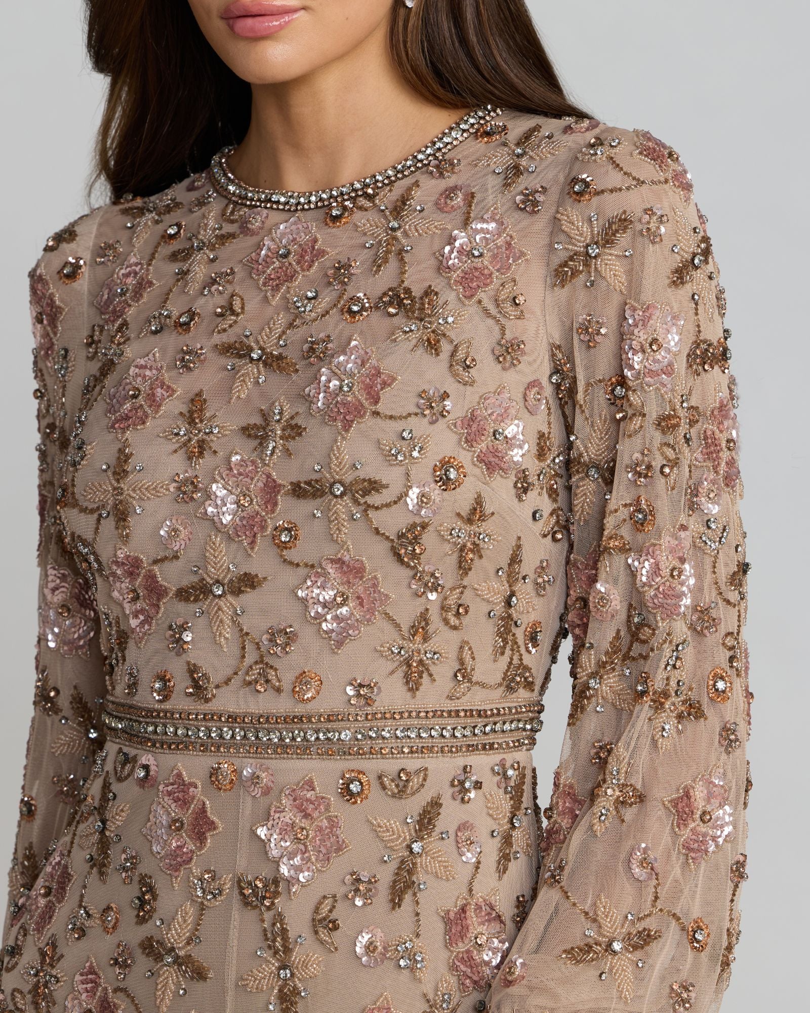 Beige Crystal Beaded Floral Bishop Sleeve Gown Mac Duggal