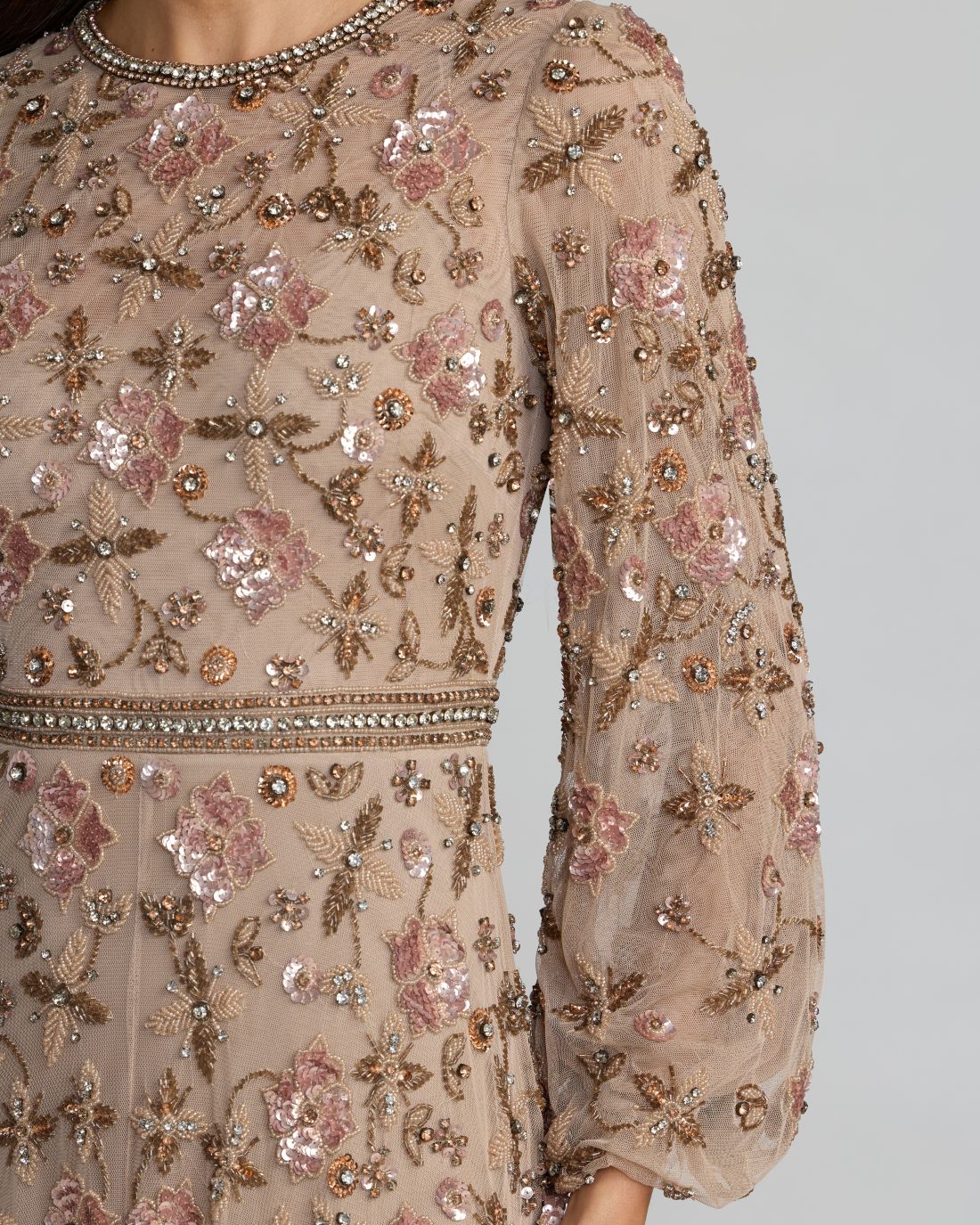Beige Crystal Beaded Floral Bishop Sleeve Gown Mac Duggal