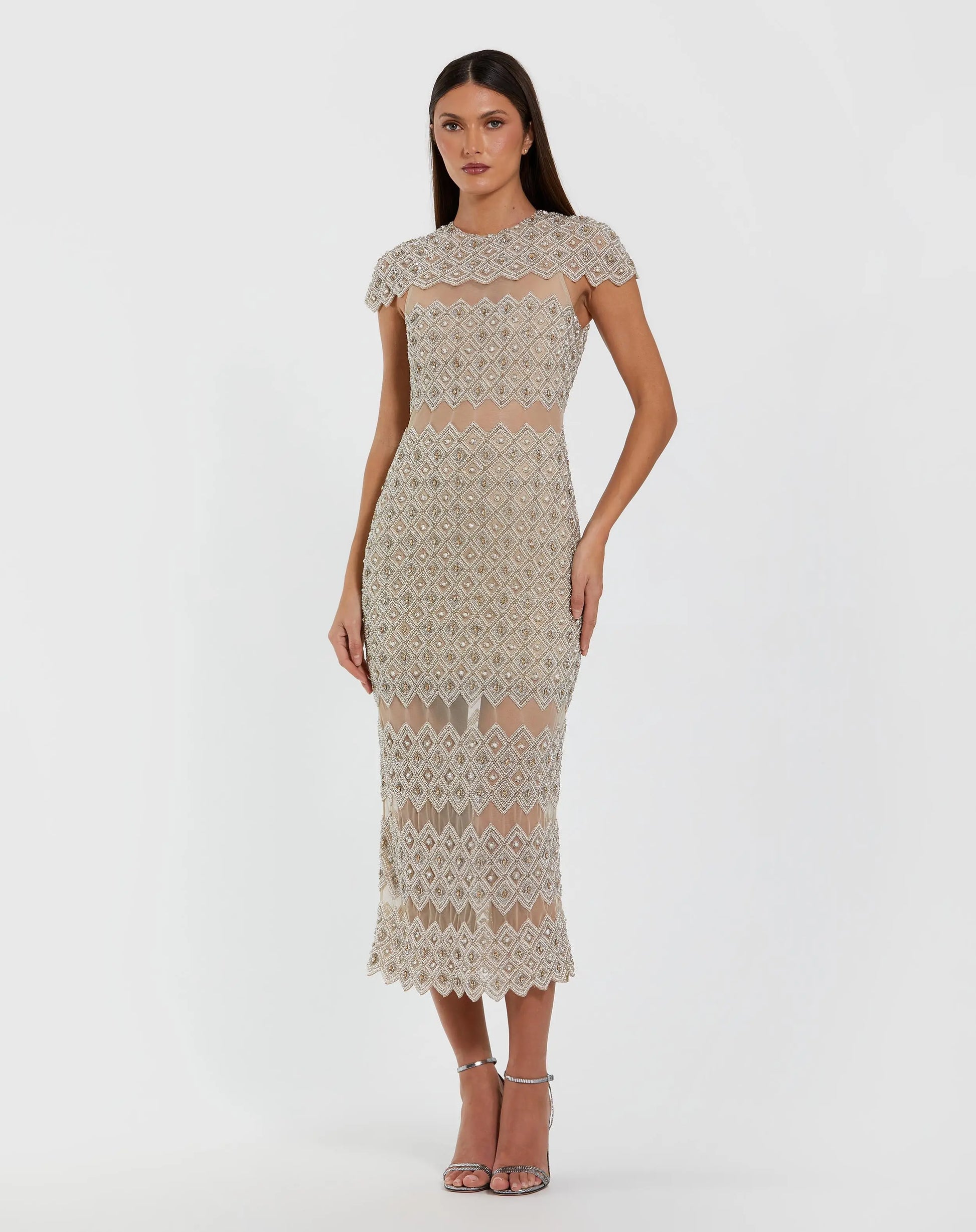 Beige Embellished Mesh Fitted Midi Dress With Sheer Panels | Mac Duggal Beige Embellished Mesh Fitted Midi Dress With Sheer Panels | Mac Duggal