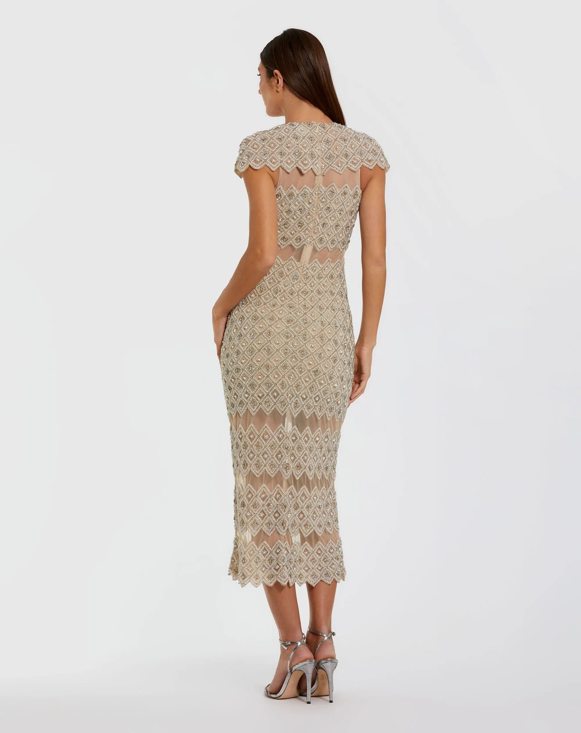 Beige Embellished Mesh Fitted Midi Dress With Sheer Panels - Mac Duggal