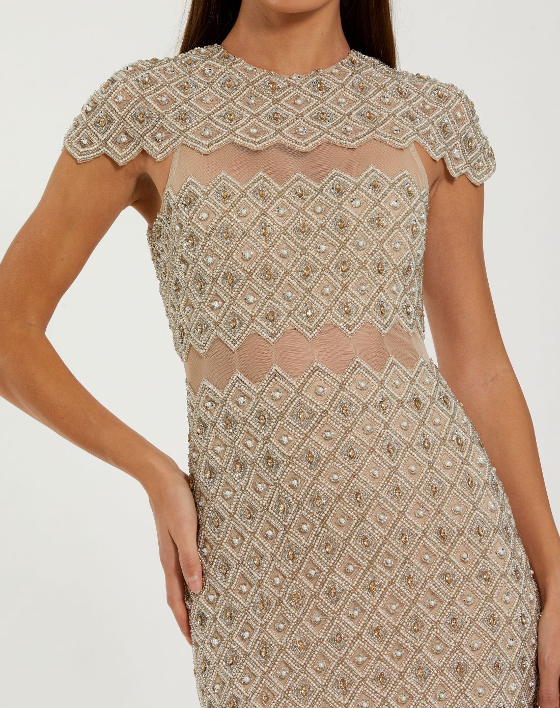 Beige Embellished Mesh Fitted Midi Dress With Sheer Panels - Mac Duggal