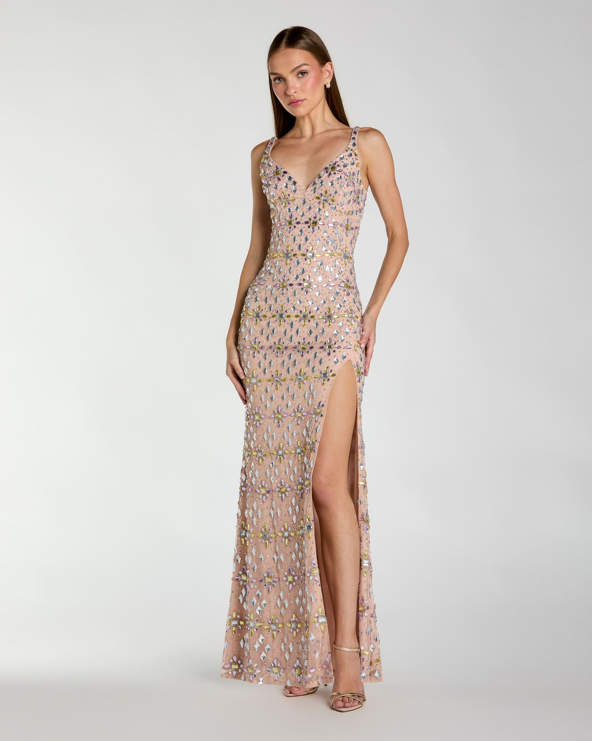 Beige Embellished V Neck Column Gown with Slit Mac Duggal