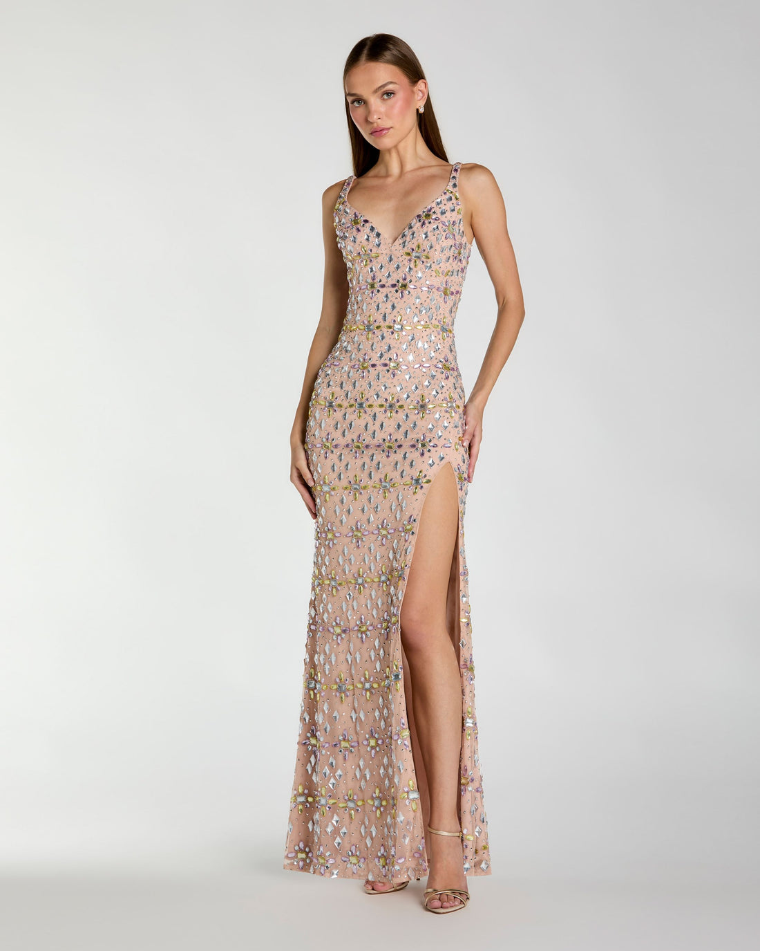 Beige Embellished V Neck Column Gown with Slit Mac Duggal